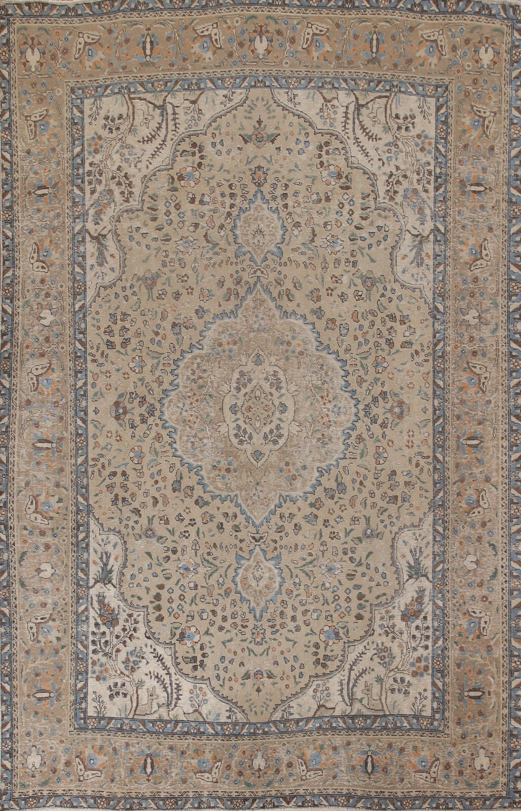 Vintage Over-Dyed Beige Floral Tebriz Area Rug 8’x11′ Wool Hand-knotted Carpet