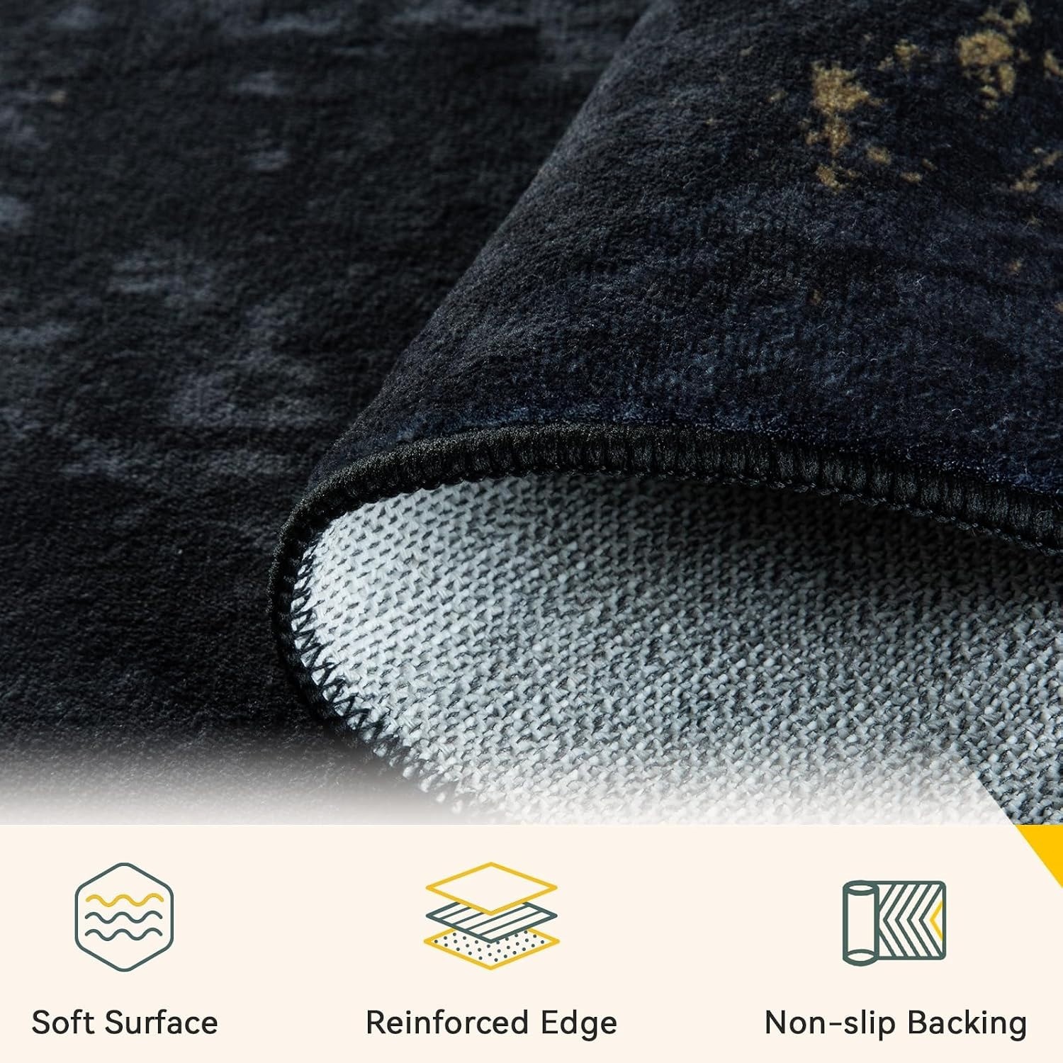 8’x10′ Washable Area Rugs Non-Slip Modern Abstract Soft Dark Black Gold