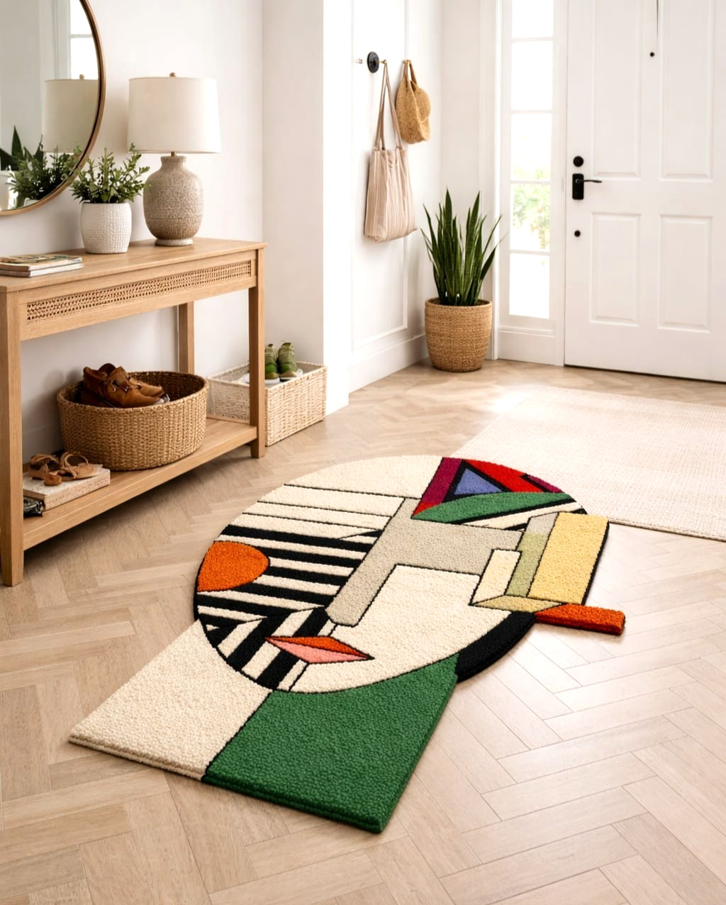 Modern Hand Tufted Wool Rug Multicolor Geometric Loop Pile Living Room Carpet