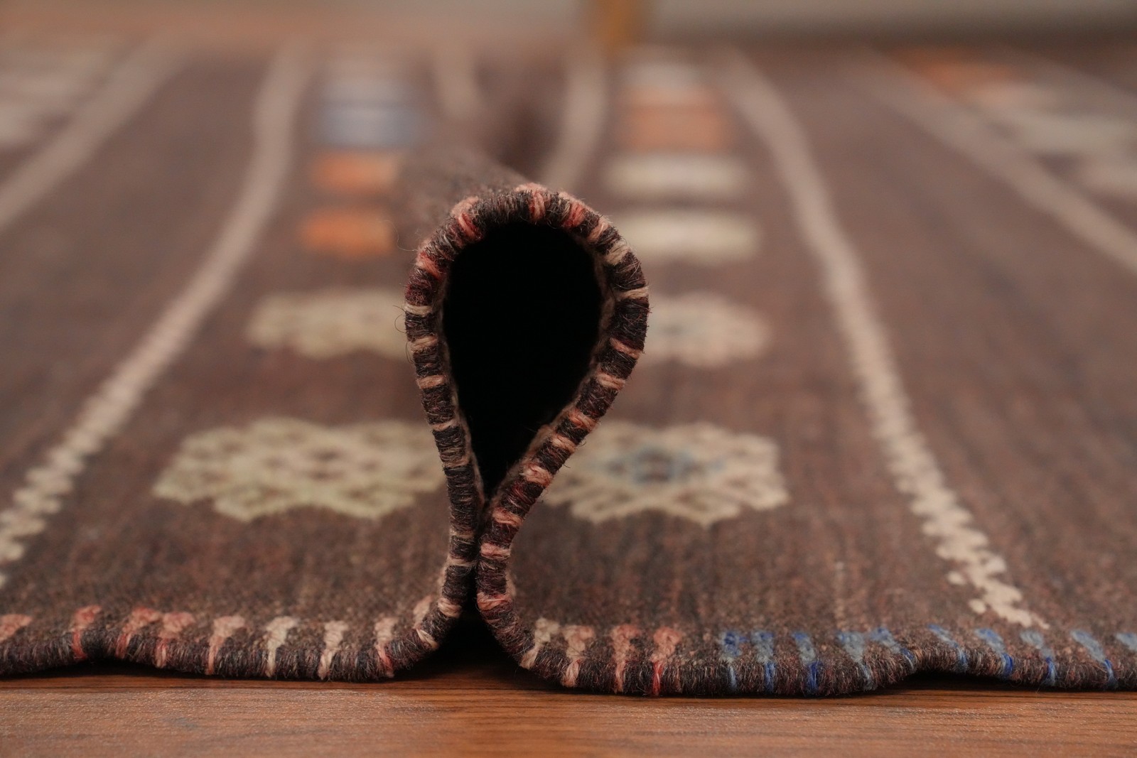 Brown Kilim Area Rug 5×9 Flat-weave Featuring Colorful Ethnic Motifs