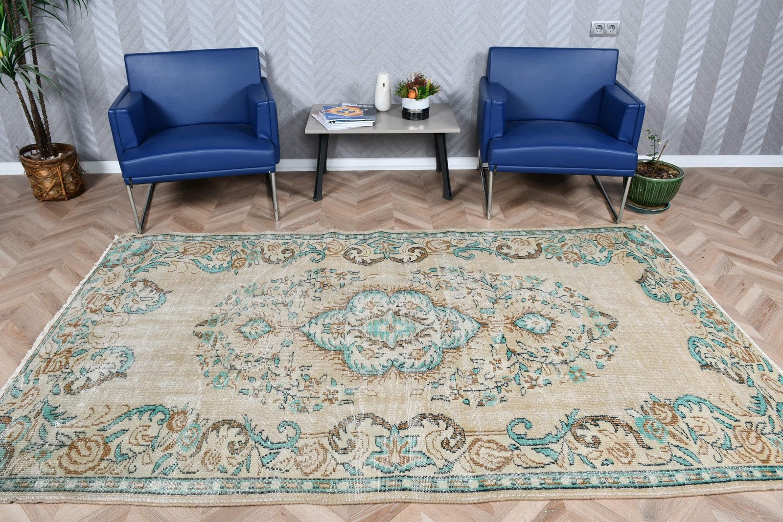 Vintage Rug, Large 5,3×8,6 ft Turkish Rug, Blue Brown Camouflage Wool Rug
