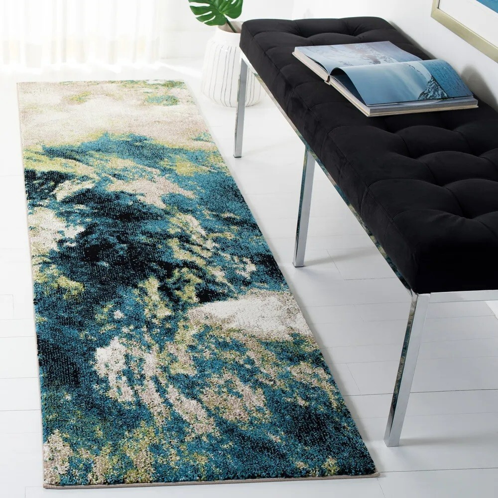 14′ Runner Glacier Modern Abstract Accent Area Rug Carpet Trendy Green Navy Blue