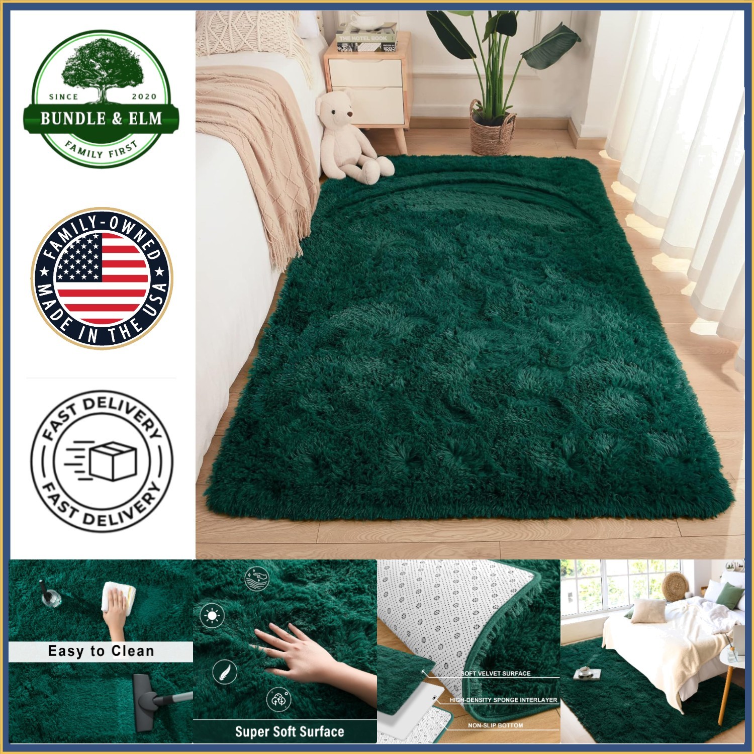 Soft Shaggy Area Rug for Bedroom and Living Room, Deep Green Plush Fluffy Carpet