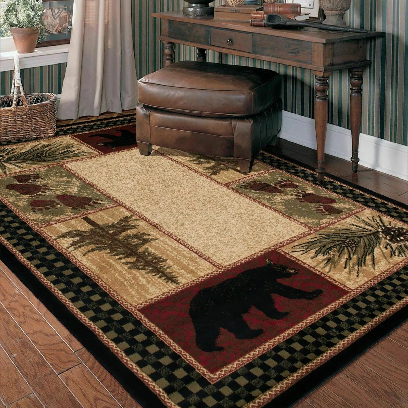 5’3″ x 7’3″ Cabin Bear Pinecone Pine Rustic Lodge Area Rug