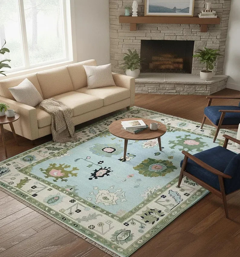 Hand Knotted Oushak Wool Rug | 8×10 Light Blue Area Carpet with Green Border