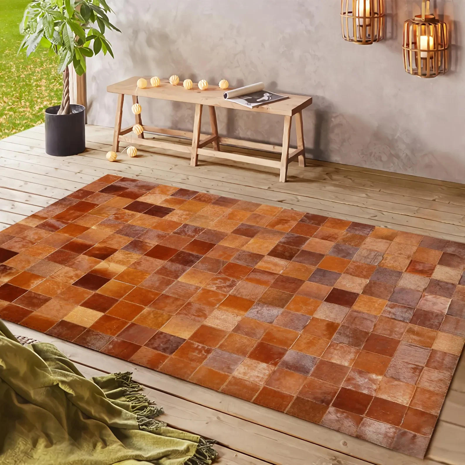 Handmade Brown Cowhide Patchwork Rug Hair on Hide Leather Area Rug Modern Carpet