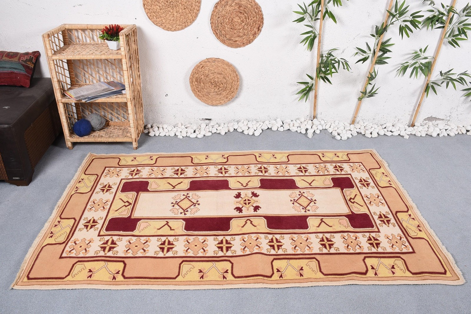 Turkish Area Rug, 4×6,5 ft Vintage Rug, Beige Wool Rug