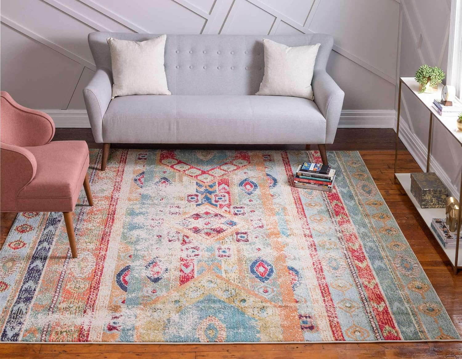 Sedona Vintage Distressed Southwestern Area Rug – 8′ Square, Blue/Beige