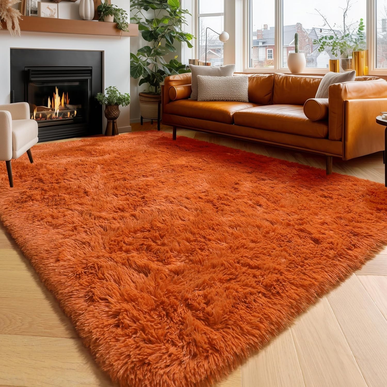 Fluffy Area Rugs 8X10 Soft Plush Burnt Orange Carpet for Living & Bedroom Floor