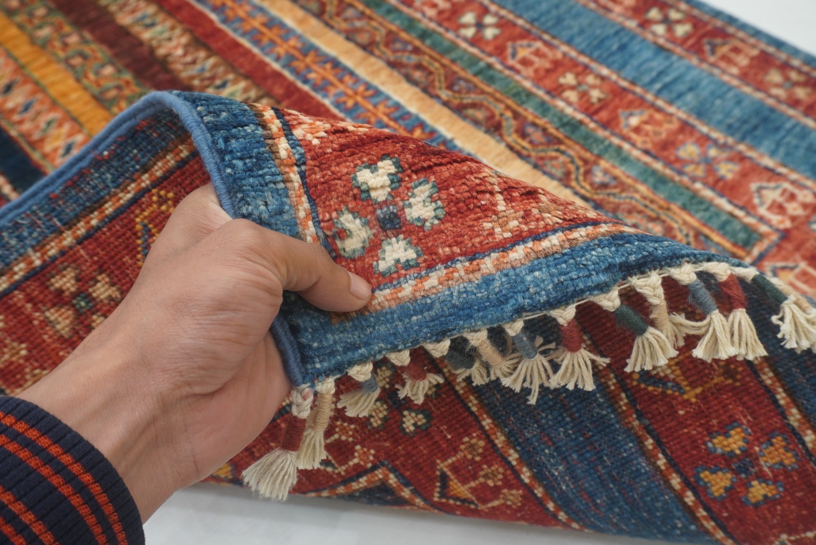 3×4 ft Blue Turkish Shawl Striped Hand Knotted Wool Tribal Area Rug