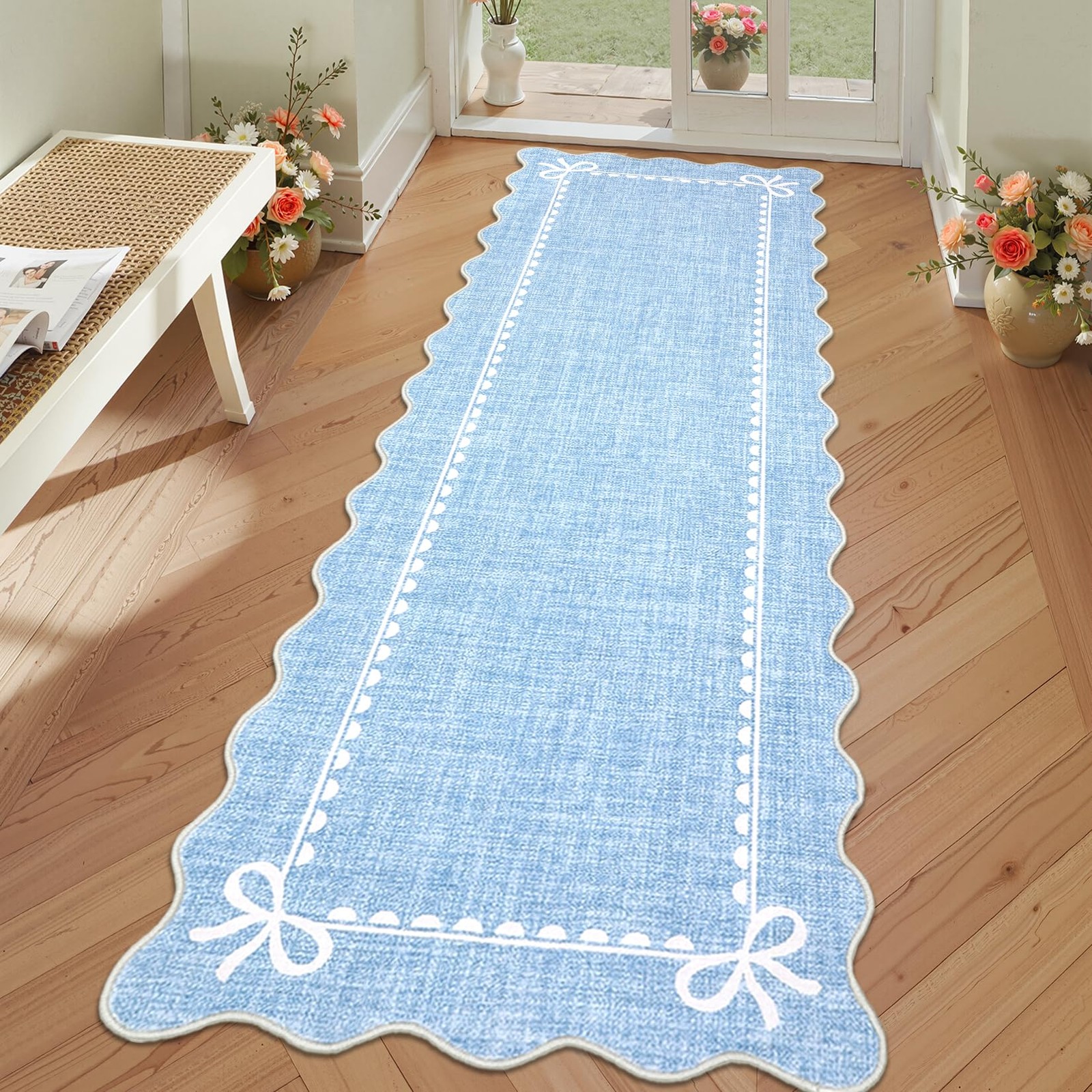 Scalloped Bow Rug for Living Room Solid Blue Rug for Dorm Washable Runner