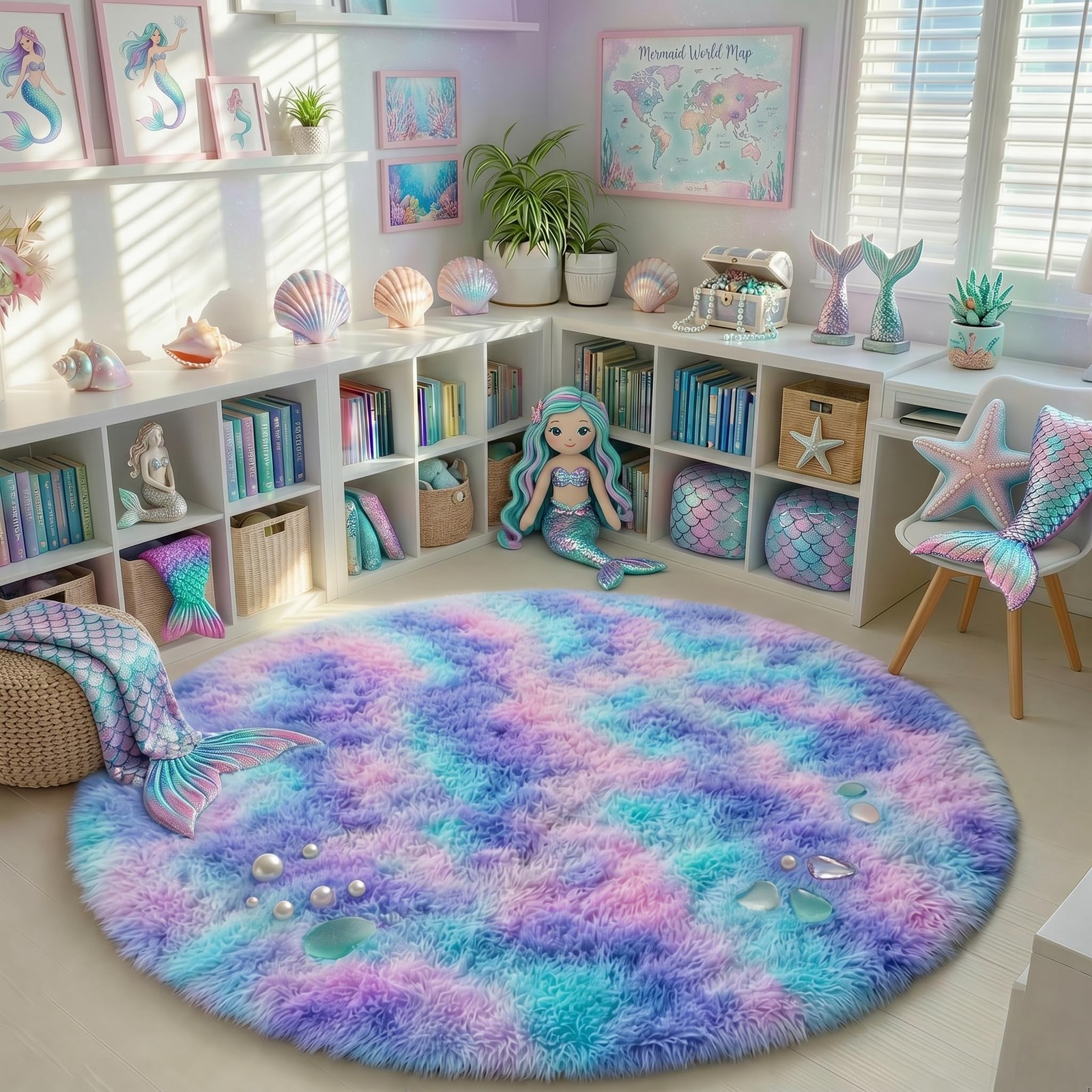 PAGISOFE Rainbow Purple Rugs for Girls Bedroom, Shaggy Big Round Rugs for Kid…