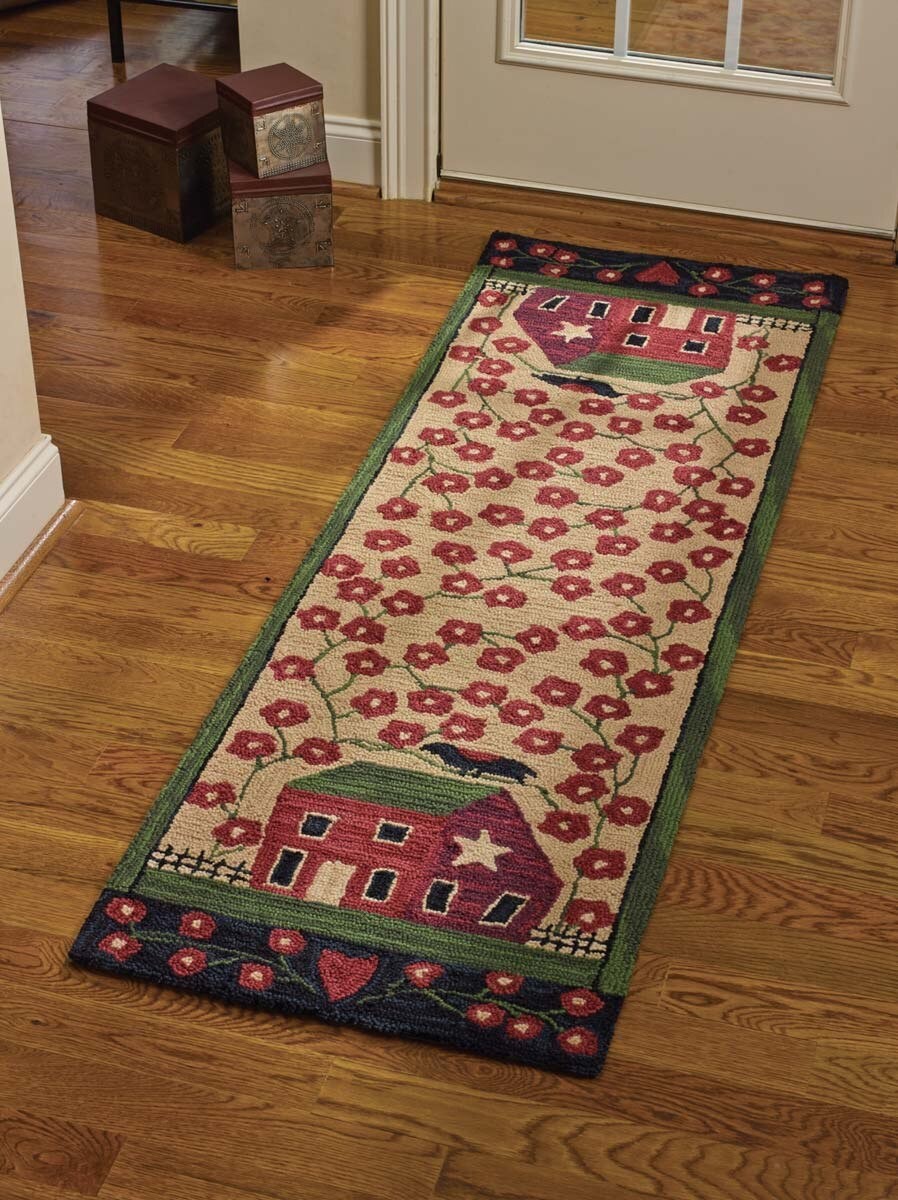 Red Saltbox House Crow Polyester Primitive Country Hooked Runner Rug 24″x72″