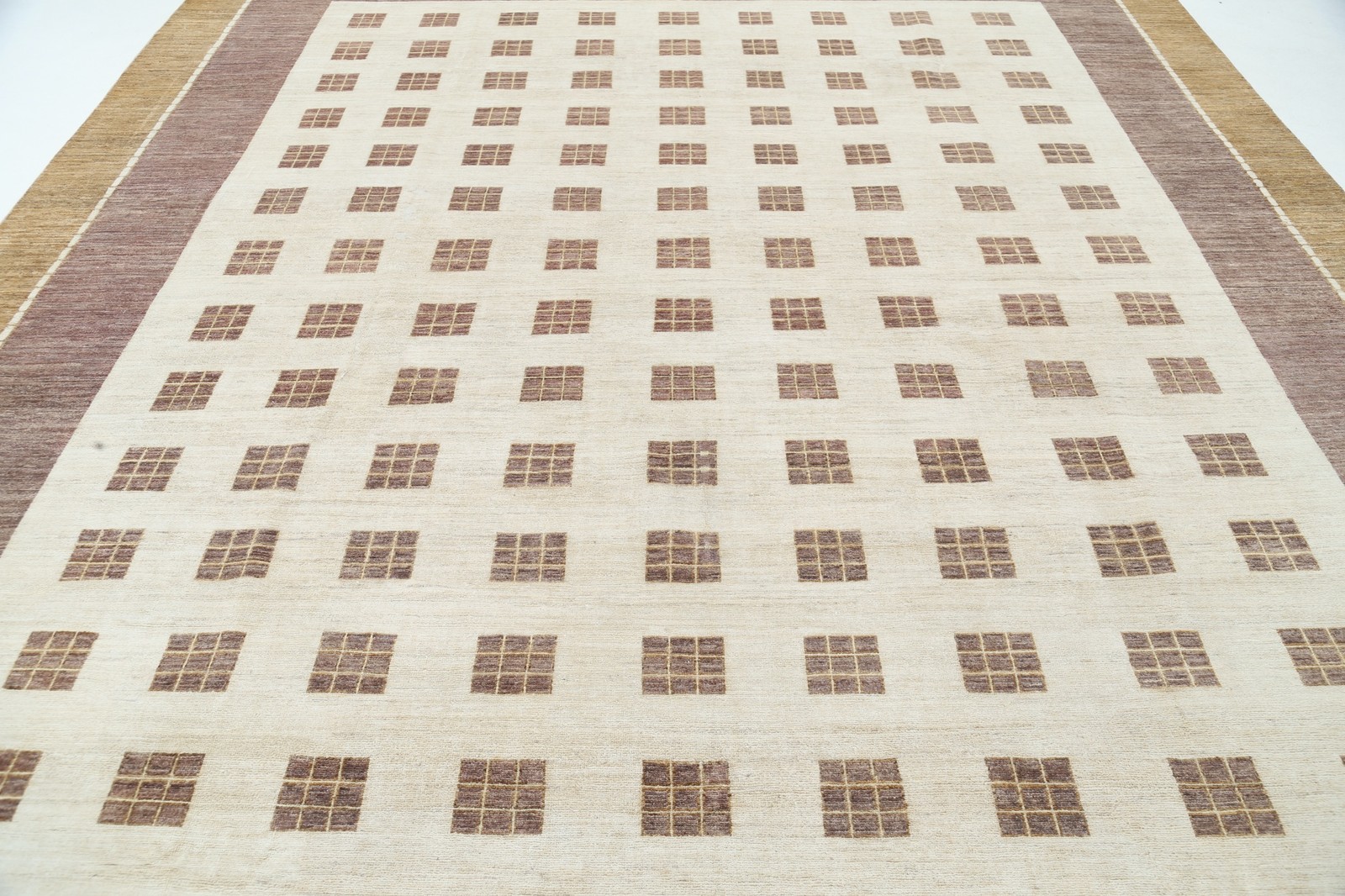 10.5×14.6 ft Handmade Beige, Blush and Brown Rug. Geometric Grid Design Carpet