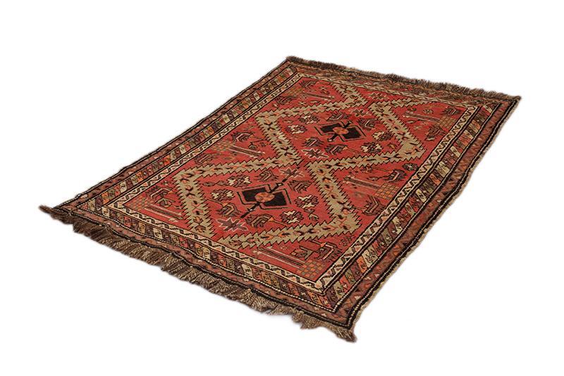 Authentic Diamond Medallion Wool Kazak 3′ 7″ x 4′ 11″ Red Hand Knotted
