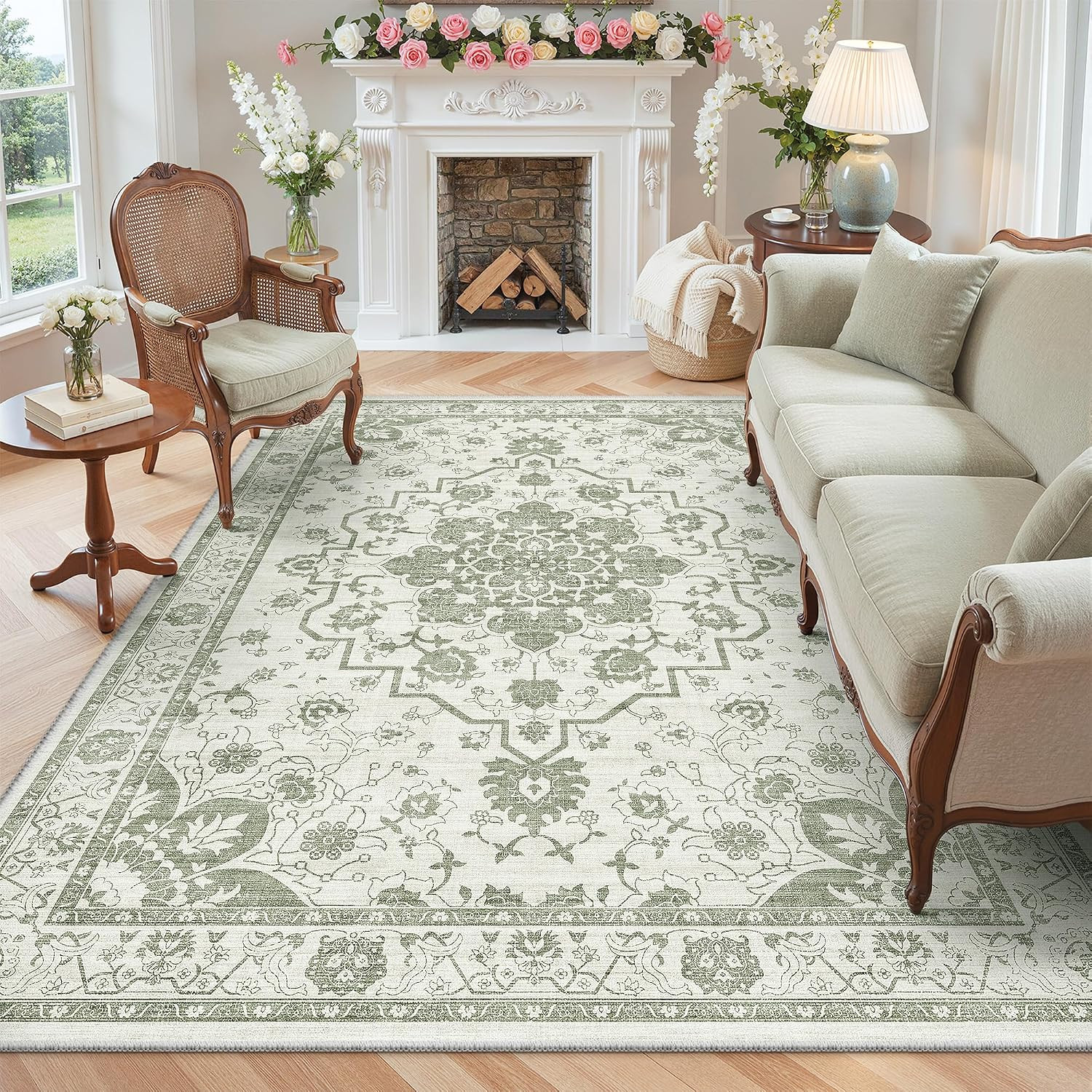 6X9 Area Rugs for Living Room, Machine Washable Vintage Green Rug with Non-Slip
