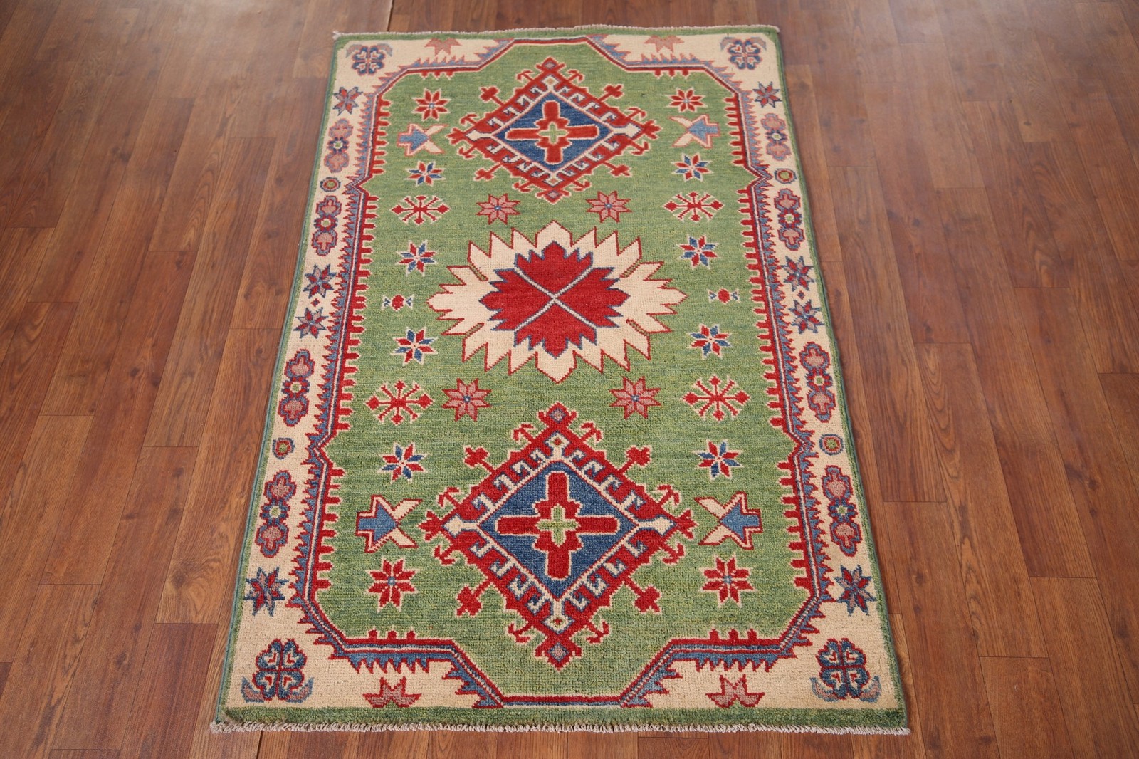 Light Green Kazak Accent Rug 3×4 Ft Hand-Knotted Geometric Oriental Foyer Carpet