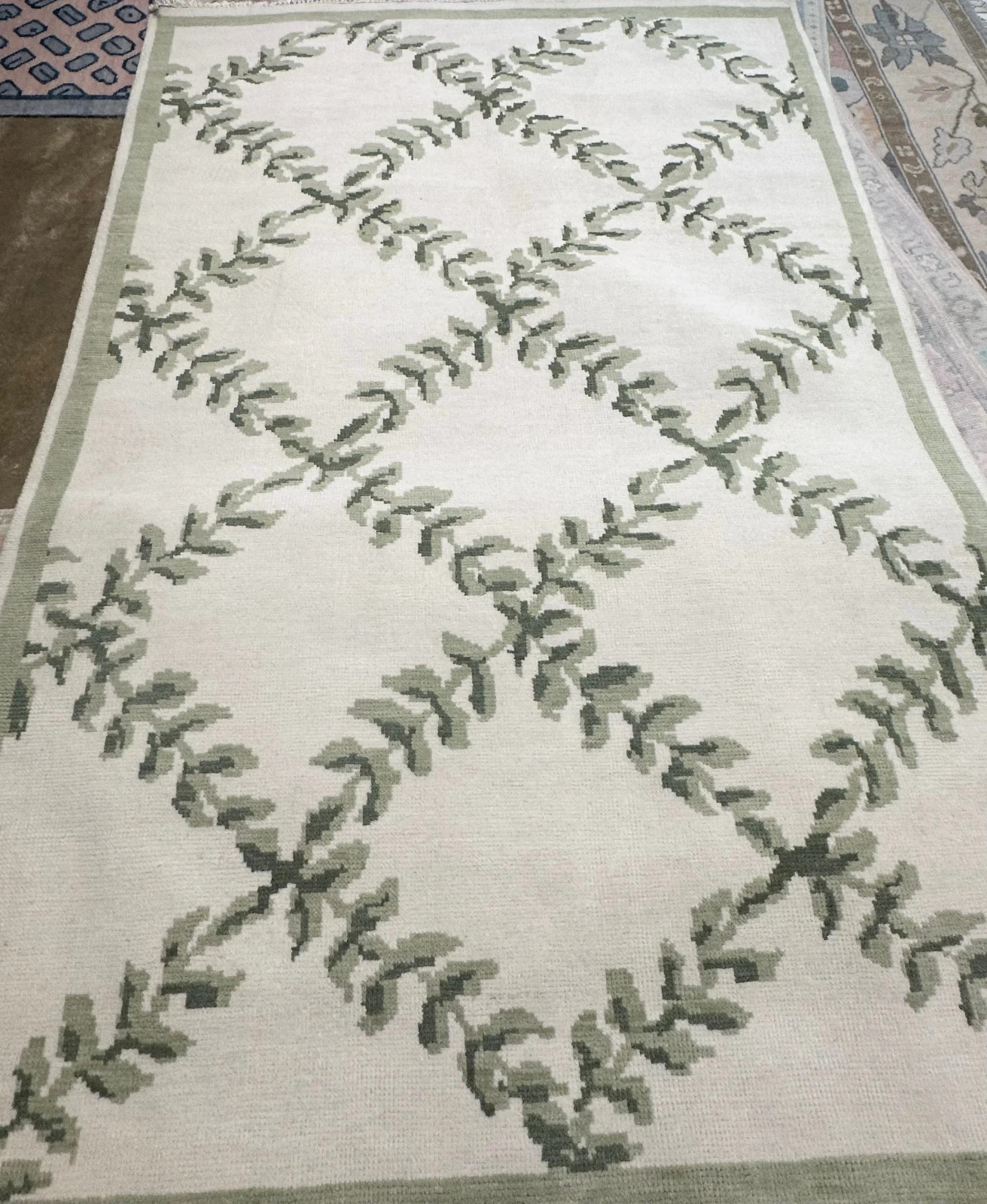 Ivory Sage Oushak Rug Handmade Wool Area Rug Vintage Turkish Farmhouse Carpet