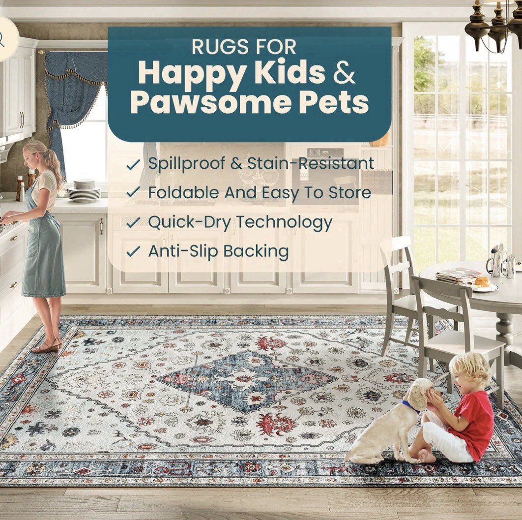 Istana Foldable Machine Washable 6’ X 9’ Area Rug ~ Cream/Blue ~ NEW