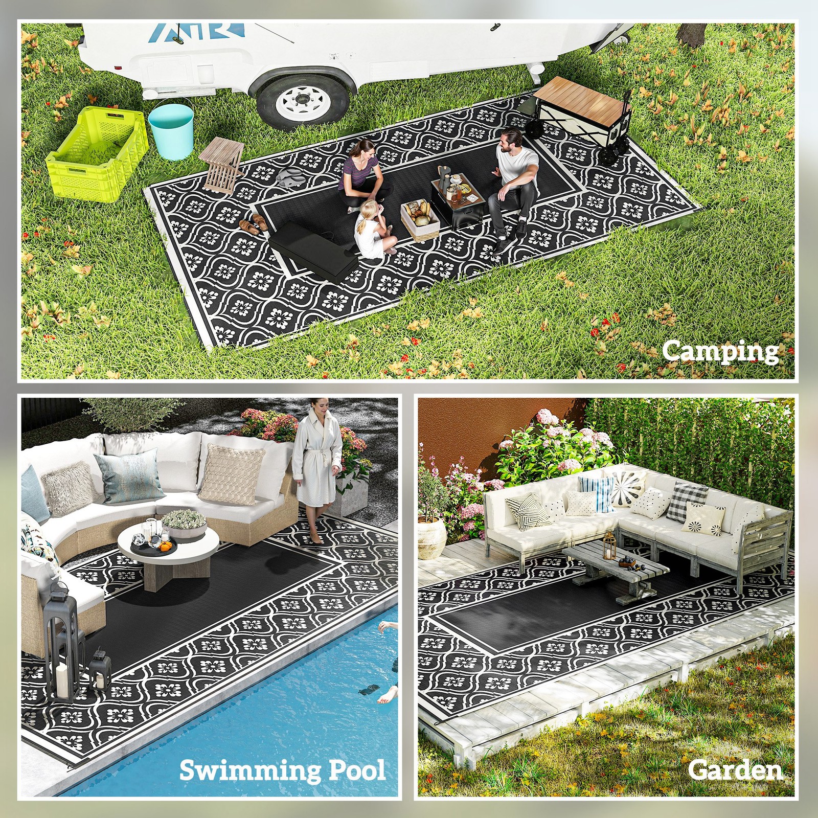 Outdoor Rug, 9′ x 18′ Floor Mat, Black White Gourd Border