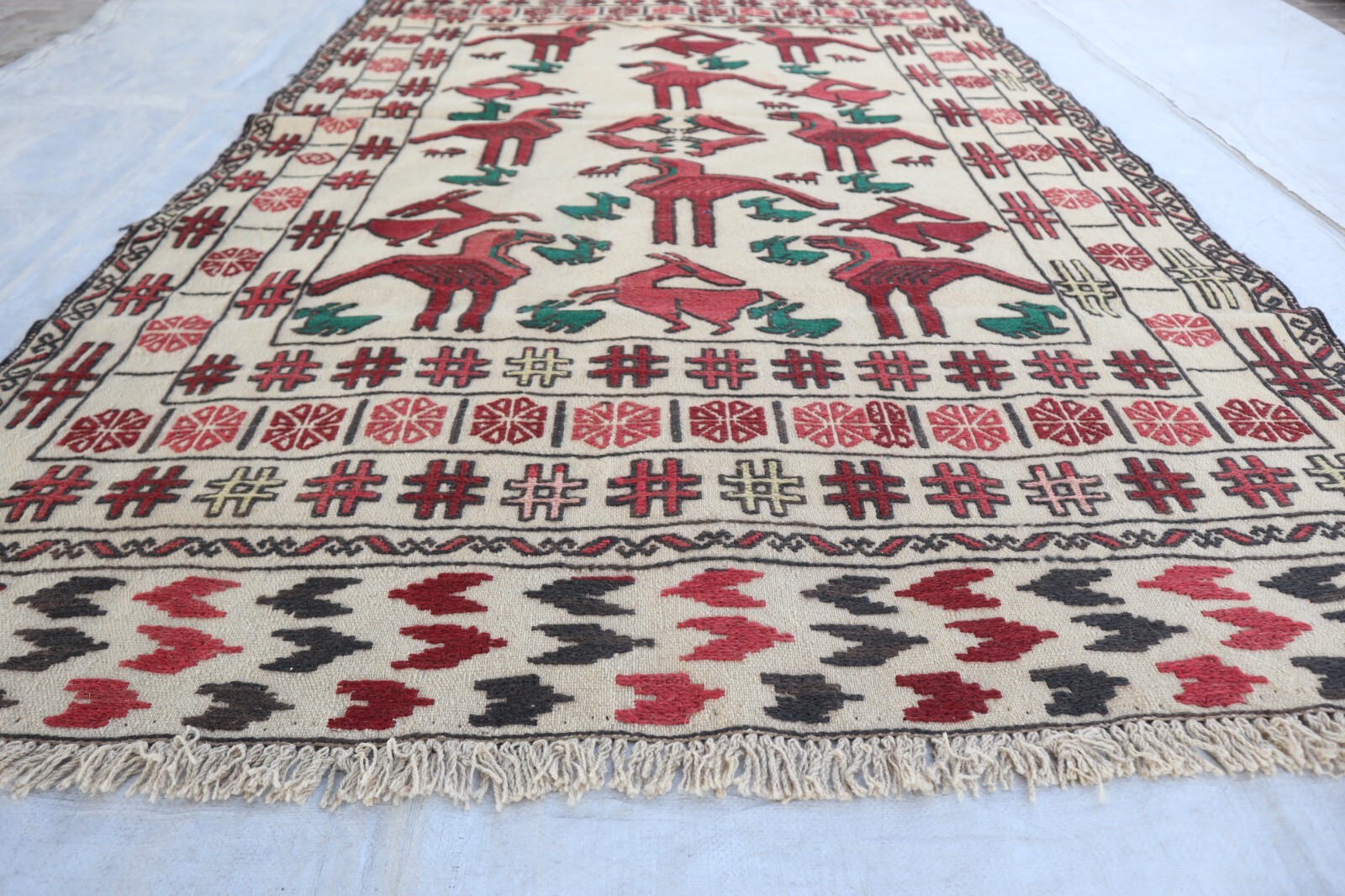 Beige Antique Rug 4’0x6’5 ft/ Afghan Pictorial Flatweave Rug/ Handmade Wool Rug