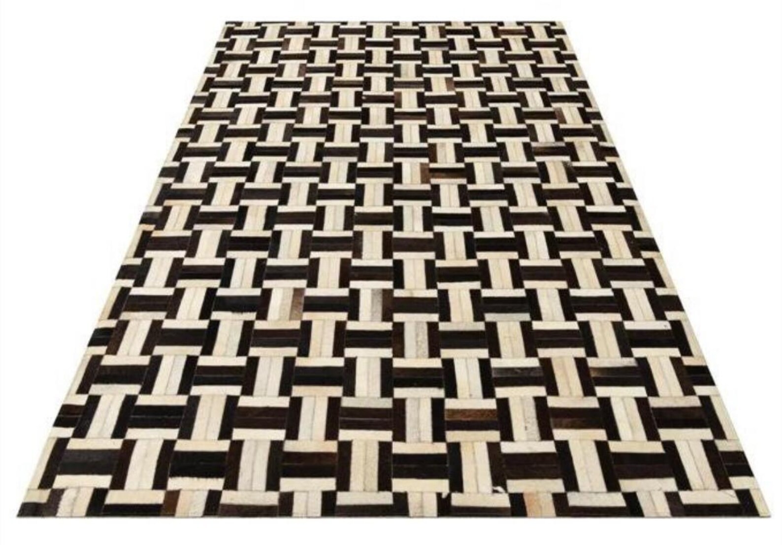Handmade Black White Geometric Area Rug Modern Woven Pattern Leather Rug Living