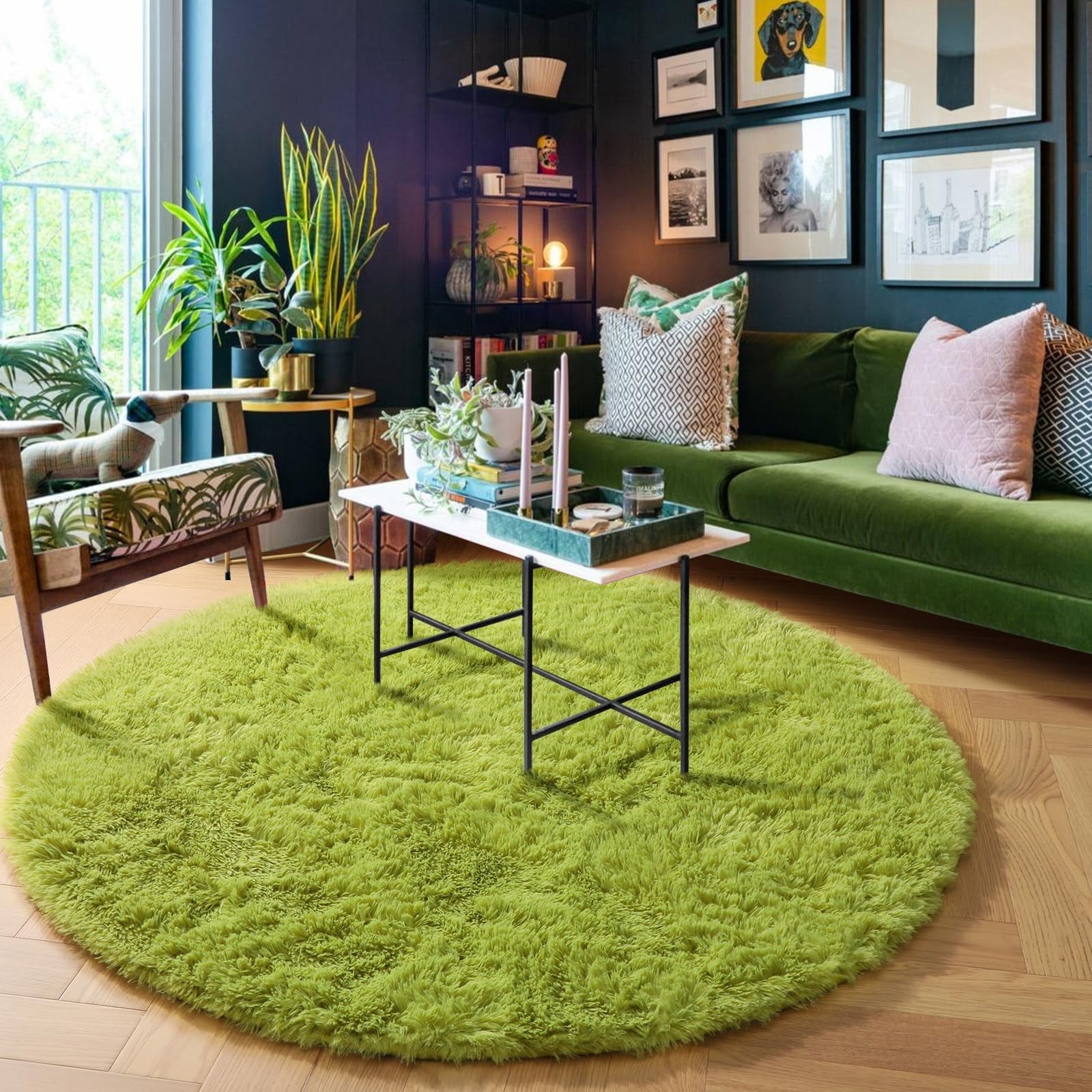 Grass Green Round Rug 4Ft for Bedroom, Fluffy Shag Circle Area Rugs for Kids …