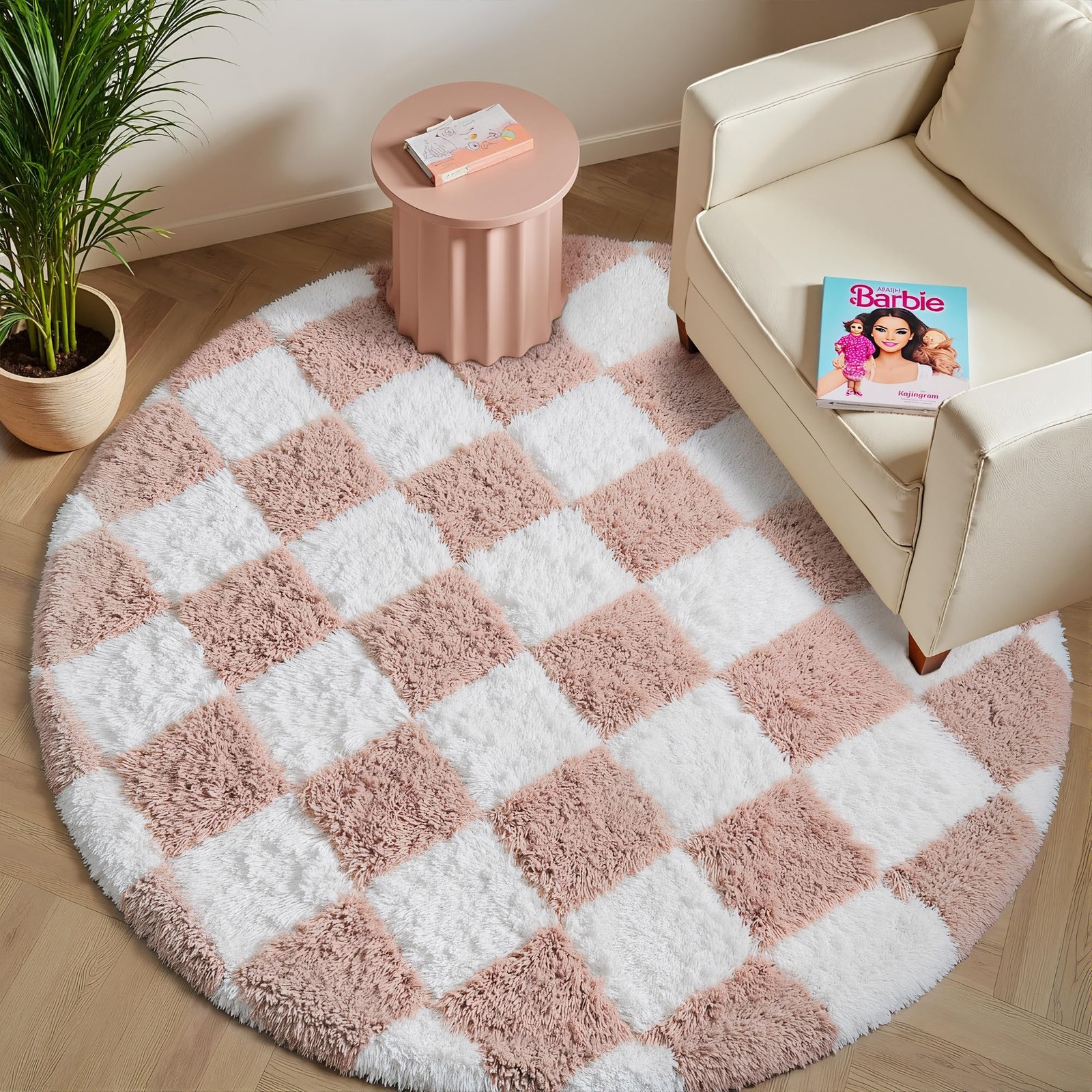 Checkered Rug 4×4 Feet Pink And White Modern Shag Super Soft Washable
