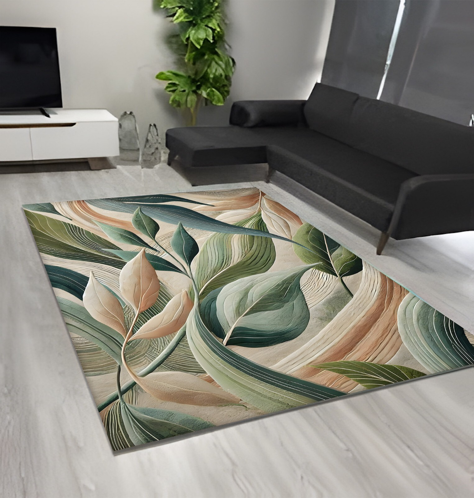 Abstract Leaf Pattern Rug Modern Nature-Inspired Design Eco-Friendly Green rug