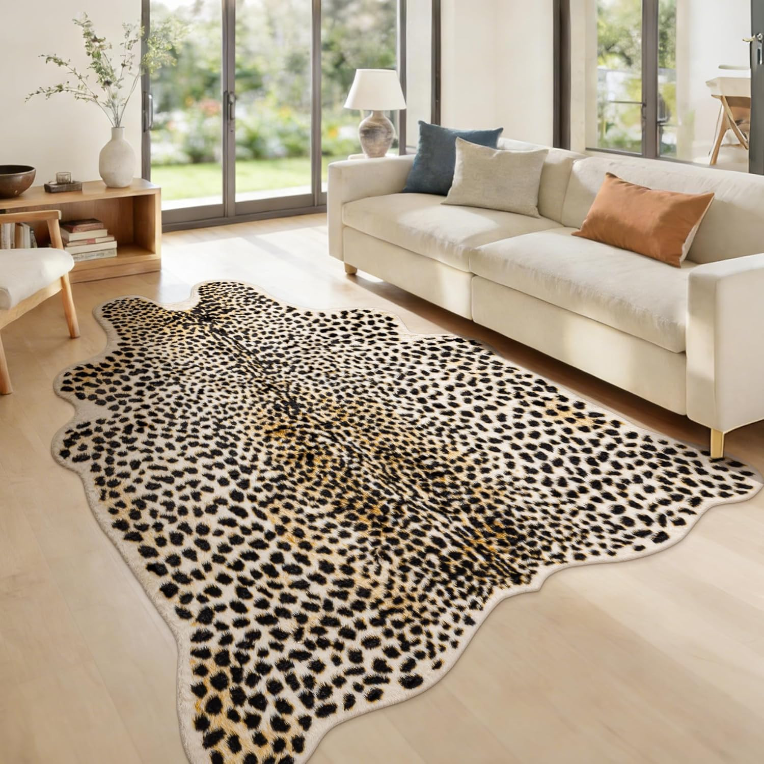 Leopard Print Area Rug 4.4×5.8ft Faux Cowhide Carpet for Home & Office