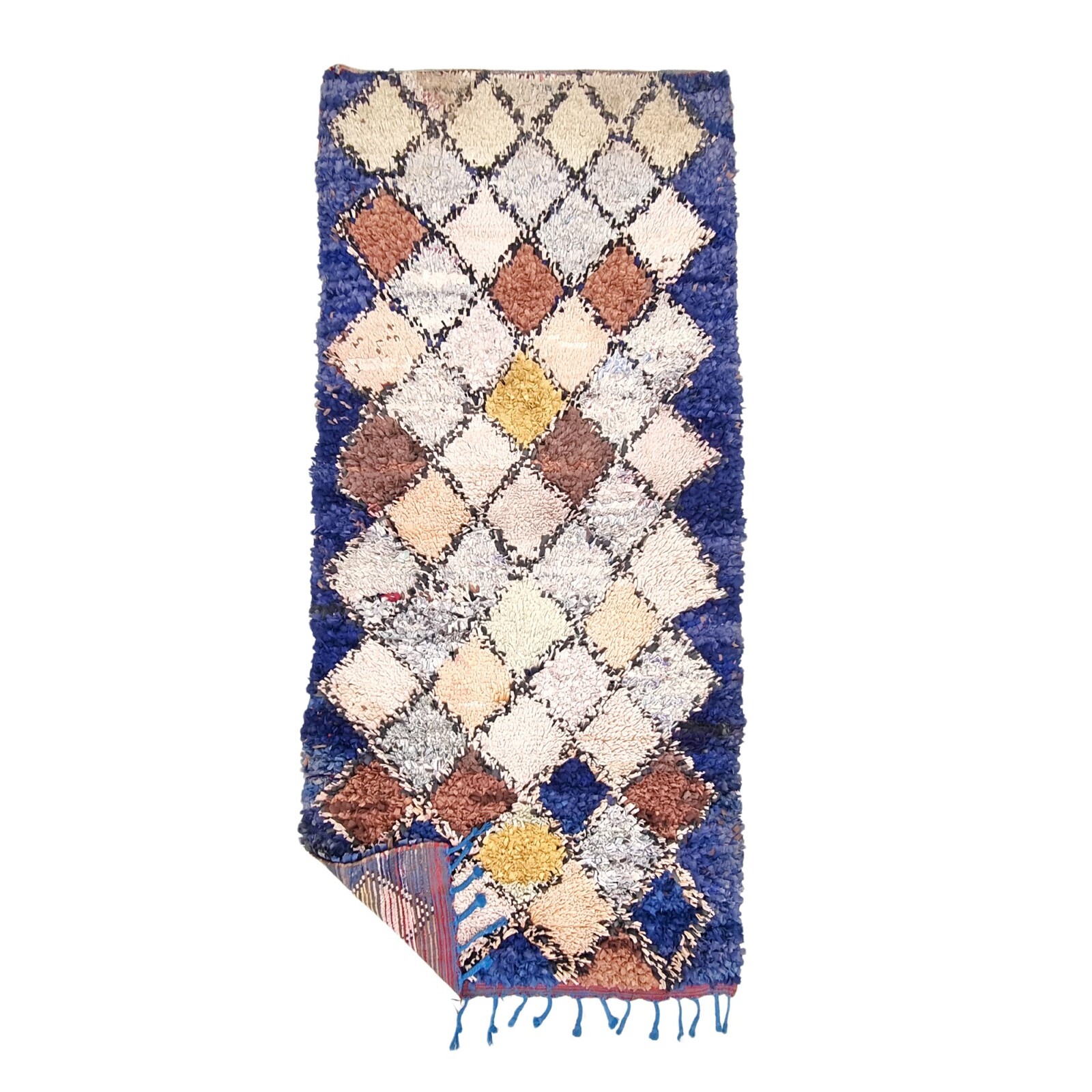 Moroccan Handmade Vintage Boucherouite 3’2×7’4Berber Geometric Blue Cotton Rug