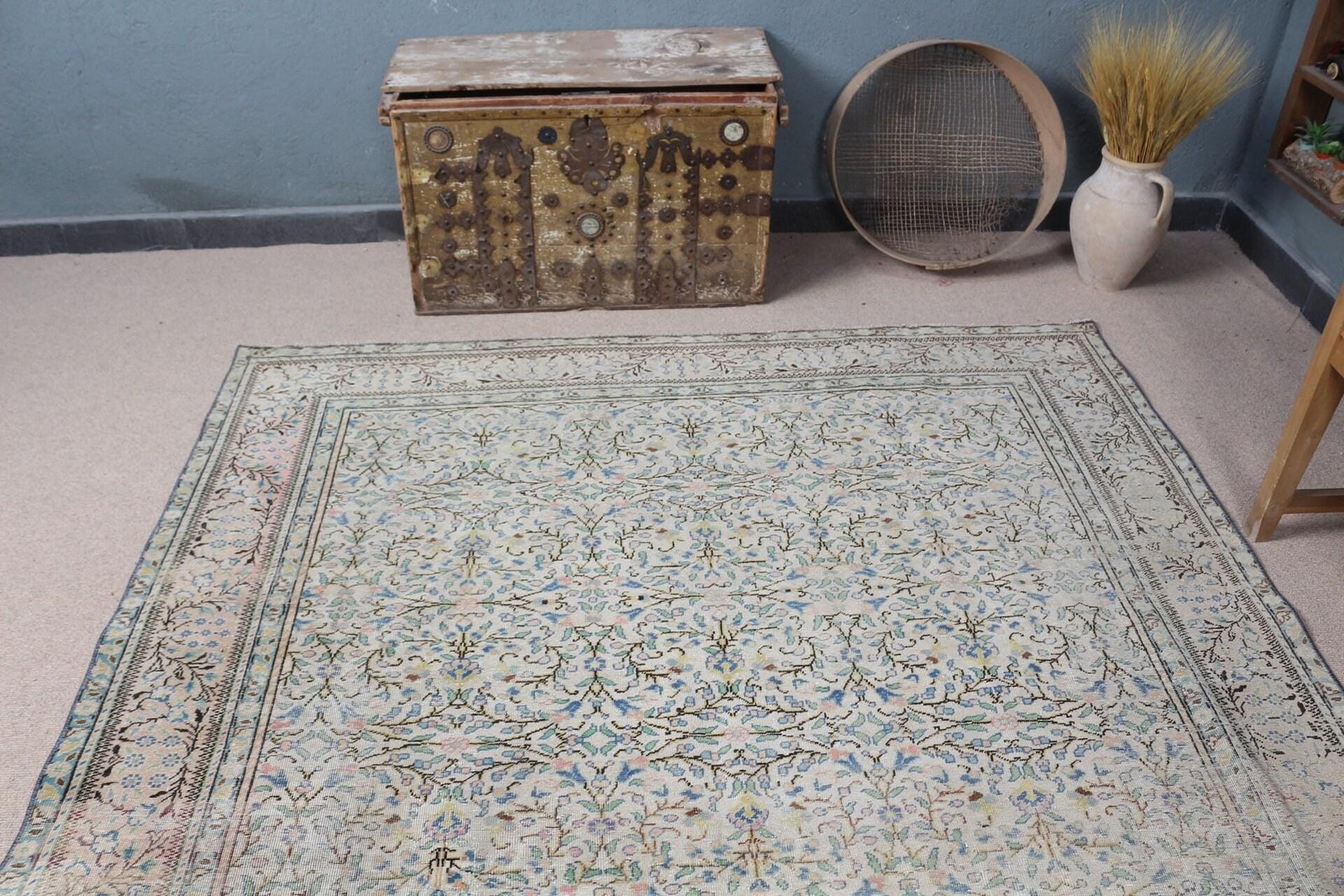 Turkish Rug, 6,3×9,3 ft Large Vintage Rug, Blue White Polka dot Rug
