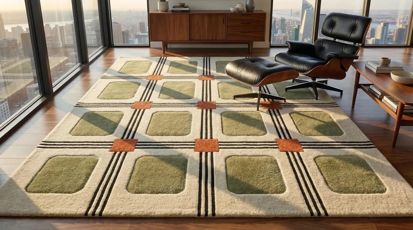 Hand Tufted Wool Rug 9×12 ft Modern Geometric Grid Olive Green Livingroom Carpet
