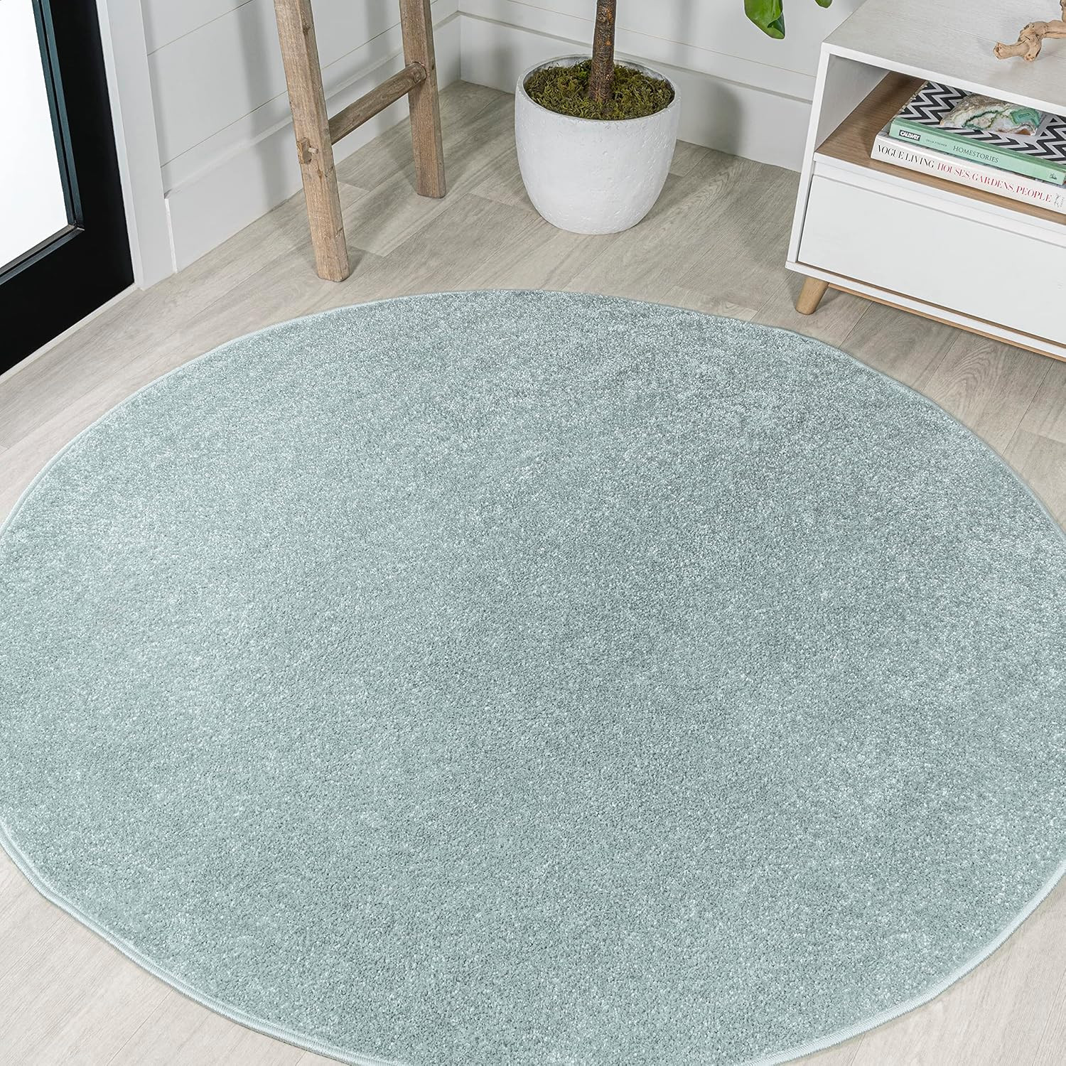 Haze Solid Low-Pile Aqua Blue 4′ round Indoor Area Rug, Coastal,Bohemian,Minimal