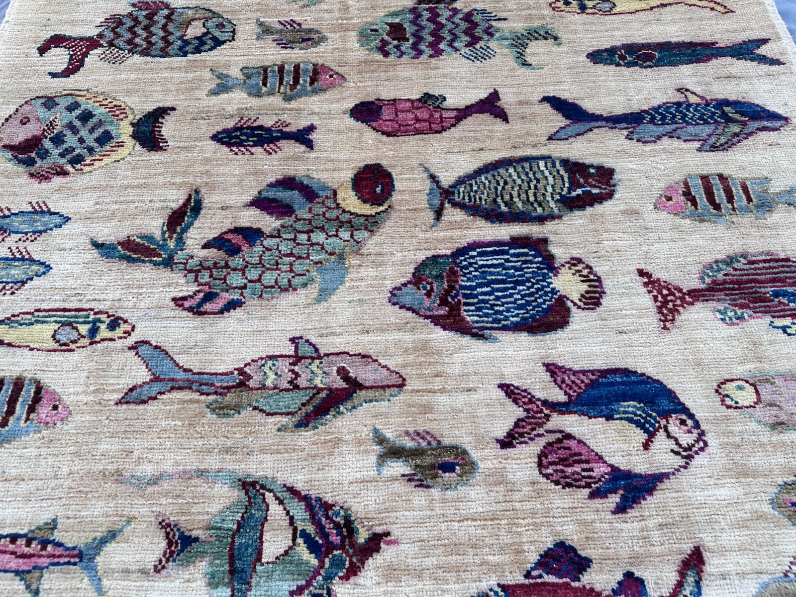 Afghan Fish Rug 3’3×5 Hand Knotted Wool Pictorial Ocean Nautical Area Floor Rug