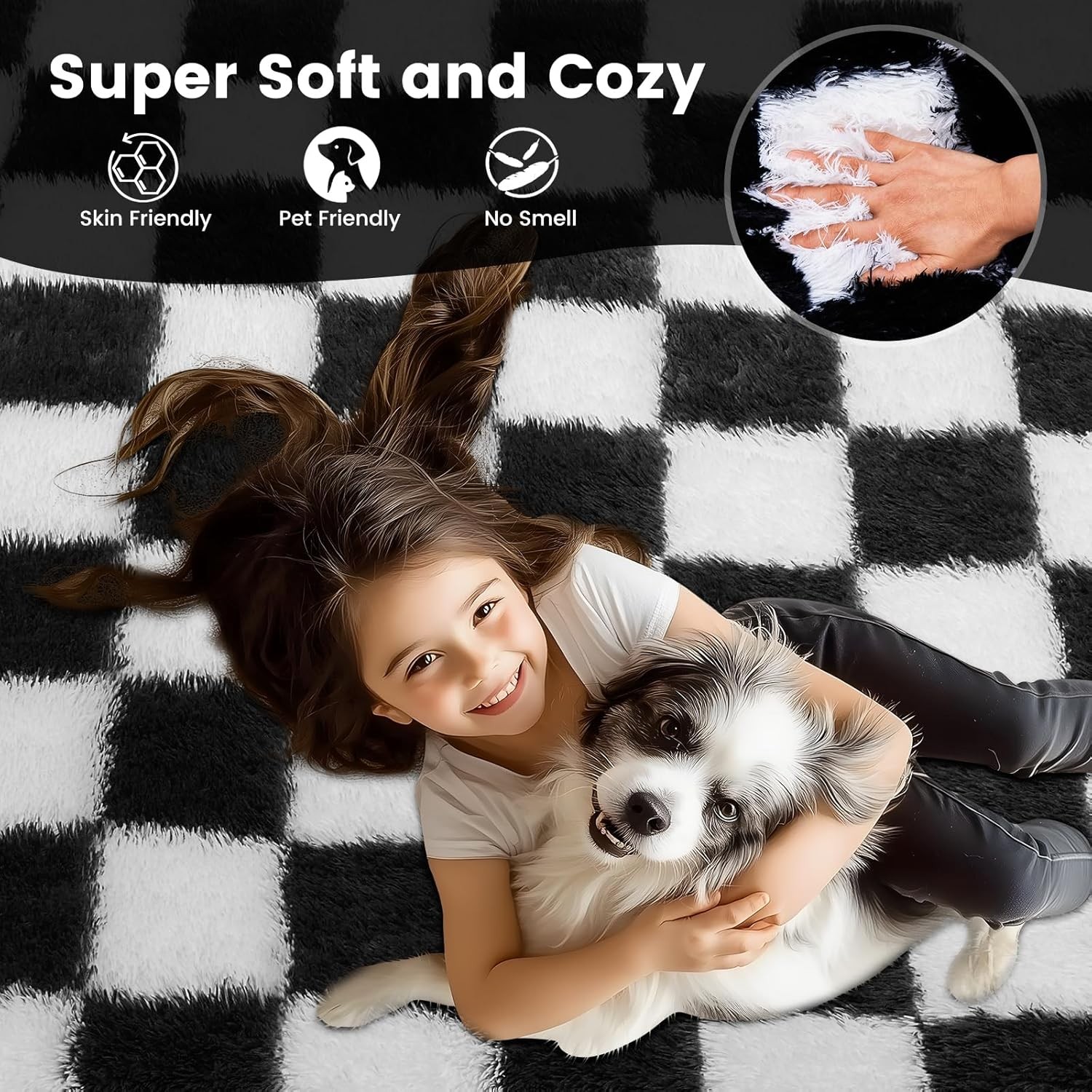 Ecoshag Soft Rugs for Living Room, 5×7 Ft Black and White Checkered Fluffy Shagg