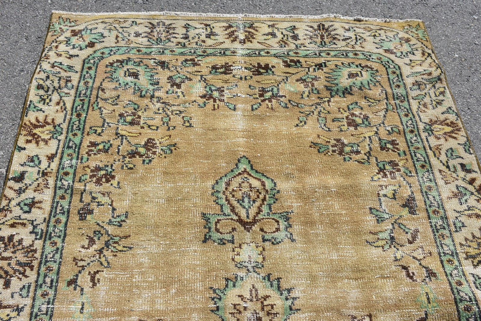 Vintage Turkish Rug, 4,7×8,8 ft Large Rug, Green Brown Oriental Rug
