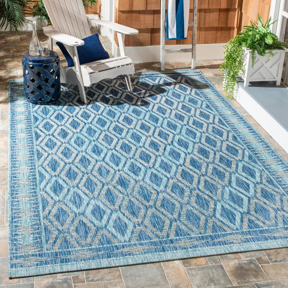 Navy/Aqua 6’7″ x 9’6″ Waterproof Indoor/Outdoor Area Rug for Easy Cleaning