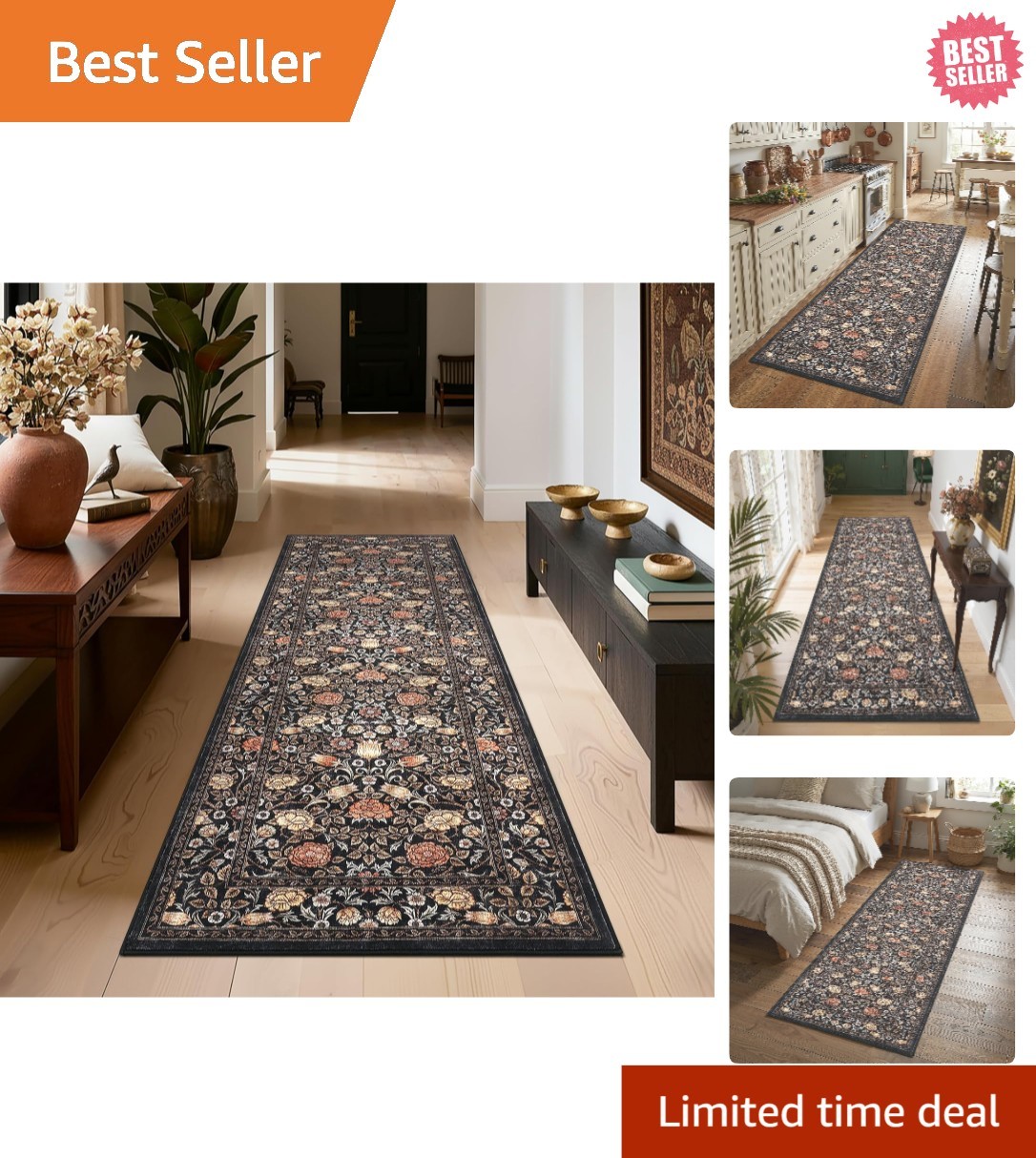 Boho-Chic 2×6 Runner Rug with Vintage Floral Pattern – Stain Resistant Comfort