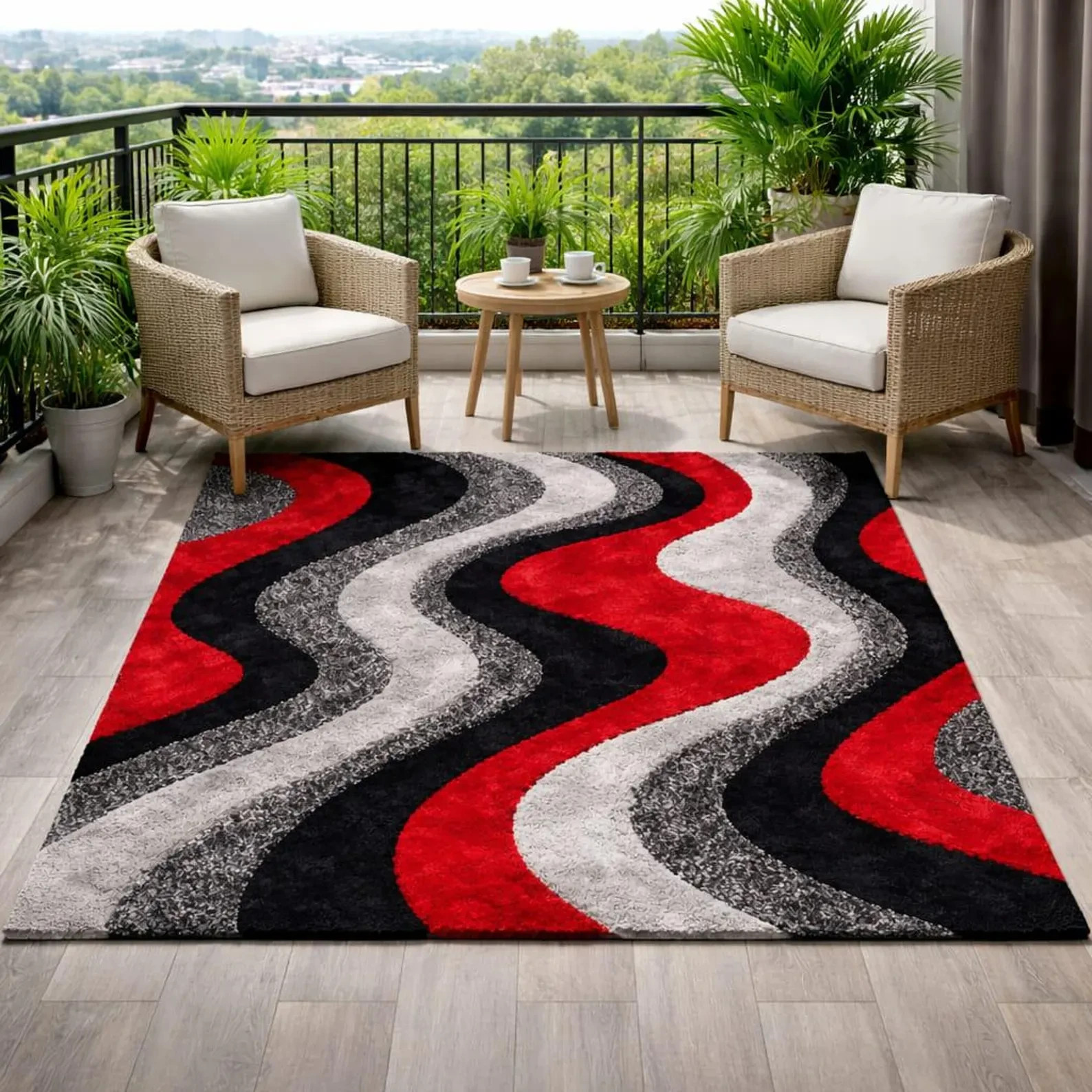 Modern Abstract Wavy Area Rug Red Black Grey Contemporary Living Room Carpet