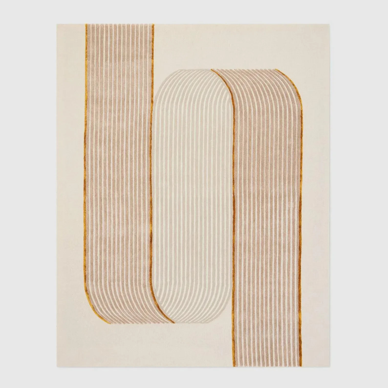 Hand Tufted Wool Rug with Silk, Beige Wavy Stripes, Custom Living Room Carpet