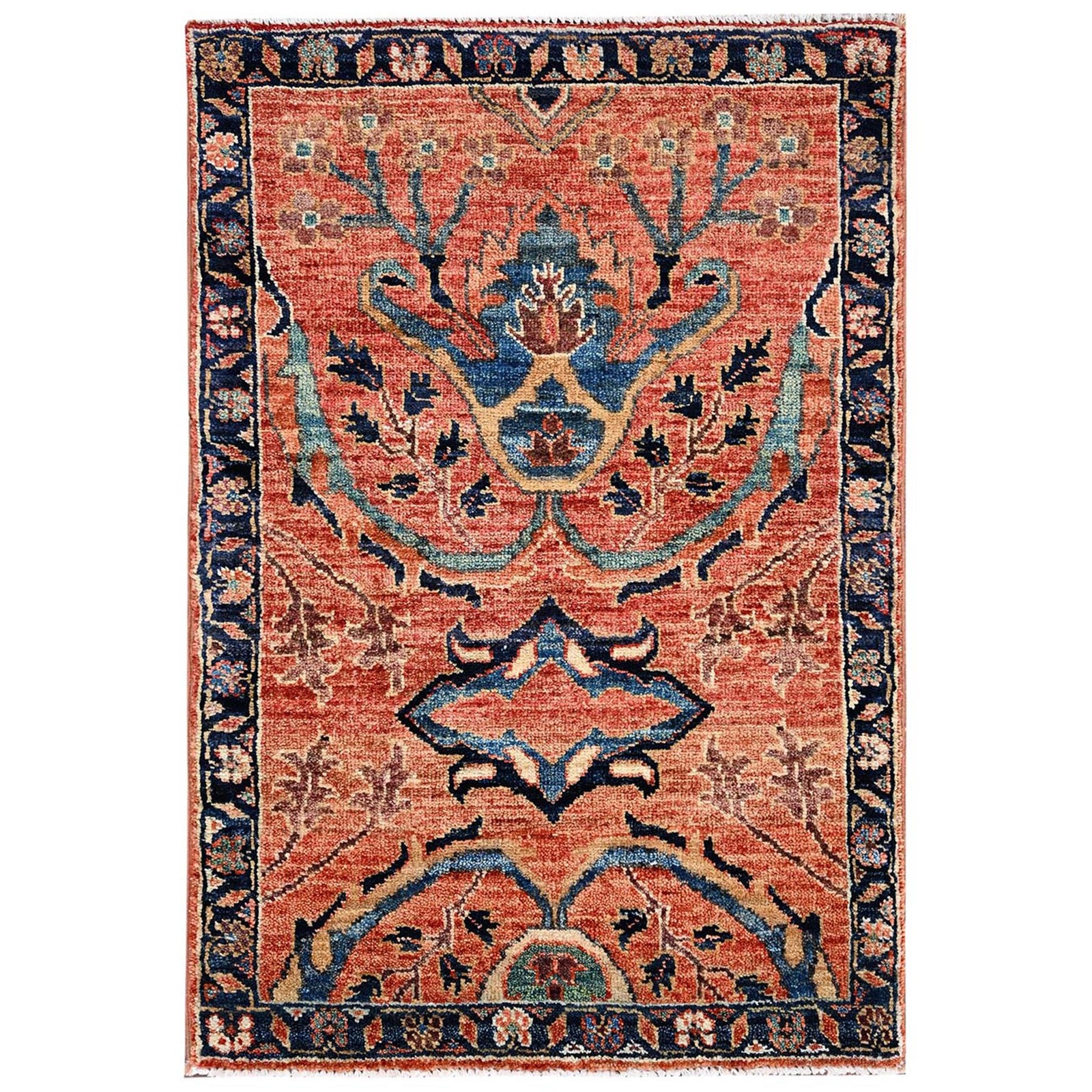 2’1″x3’1″ Coral Red Heris All Over Design Soft Wool Hand Knotted Mat Rug 2381