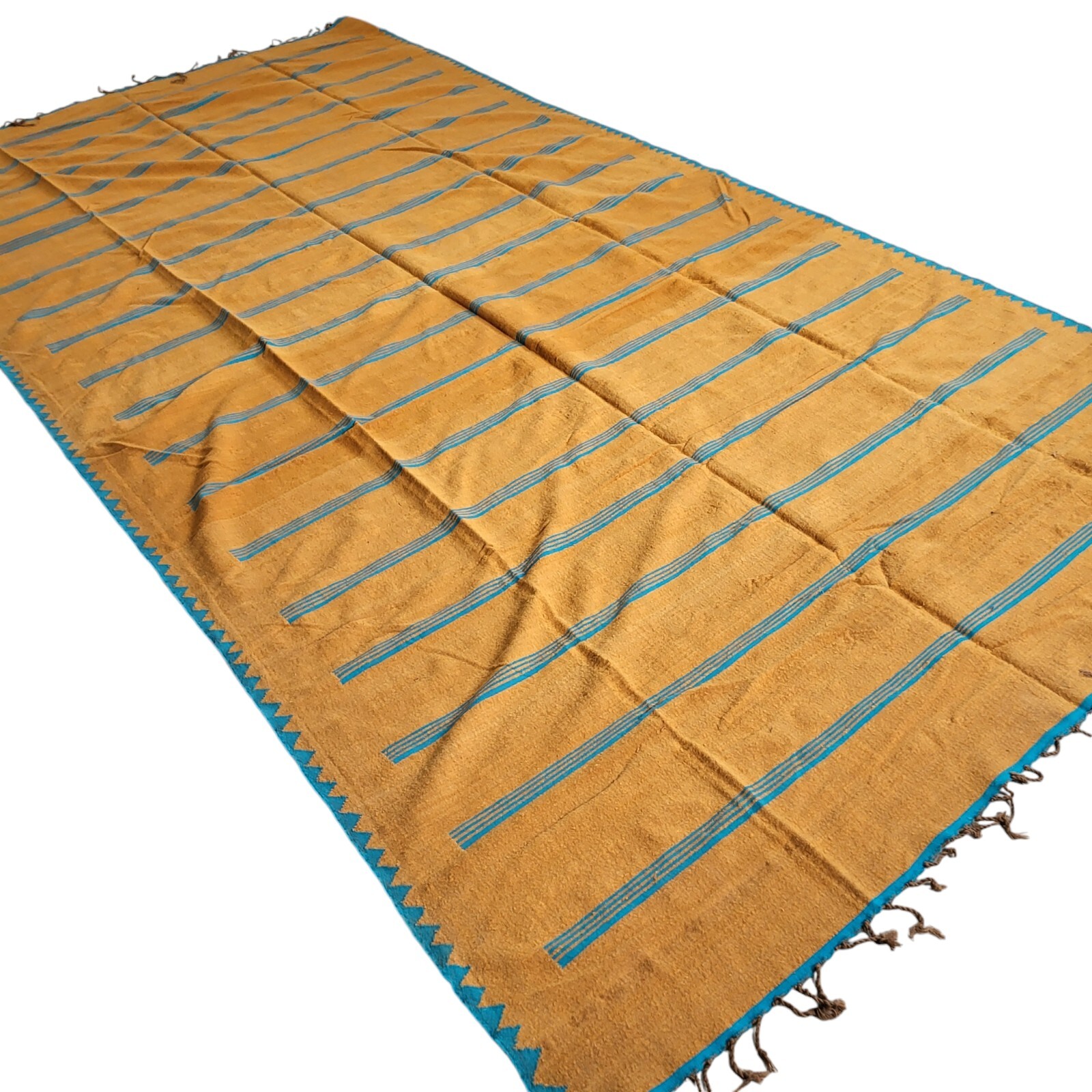 Vibrant Handmade Moroccan Orange Rug Blue Stripe Fringe Berber Wool Carpet 11×6