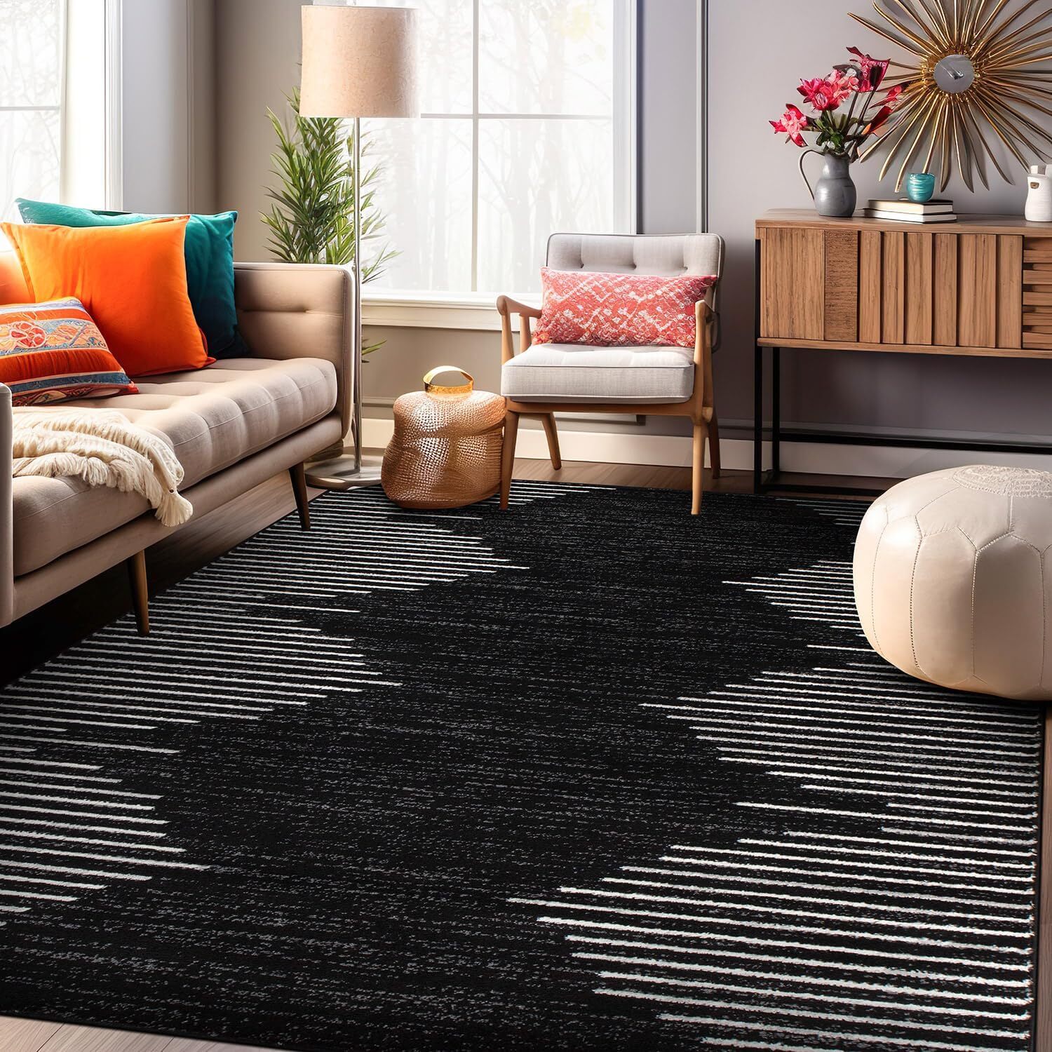 Rugshop Bohemian Stripe Stain Resistant High Traffic Living Room Kitchen Bedr.
