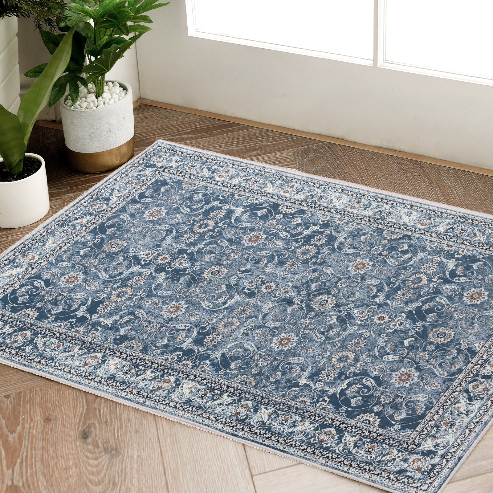 2×10 Vintage Floral Runner Rug Washable Indoor Hallway Turquoise Blue Green