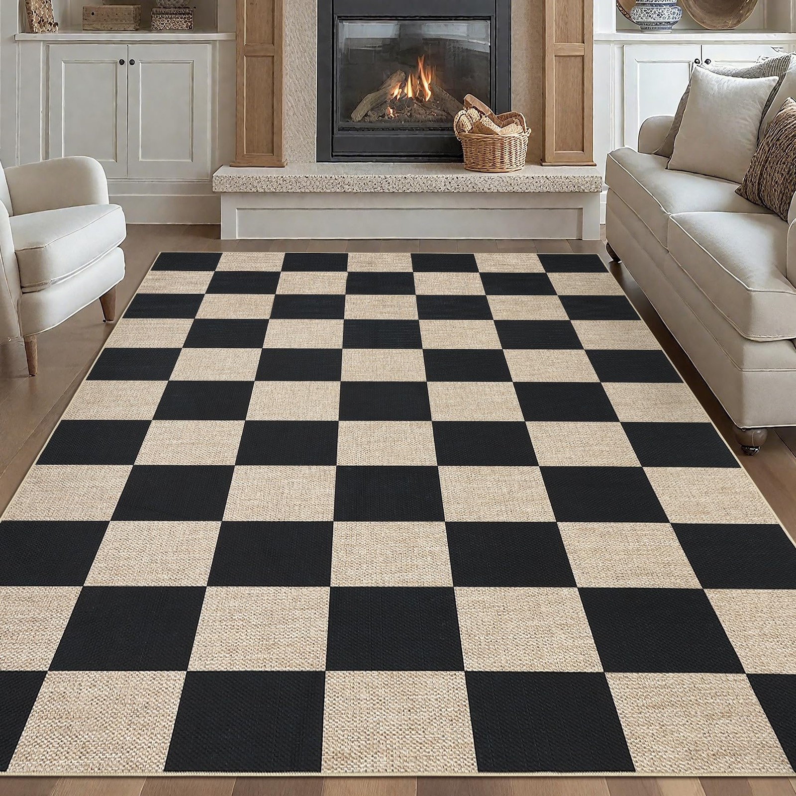 GarveeHome Easy Jute 8×10 Area Rugs for Living Room Checkered Rugs Machine Wa…