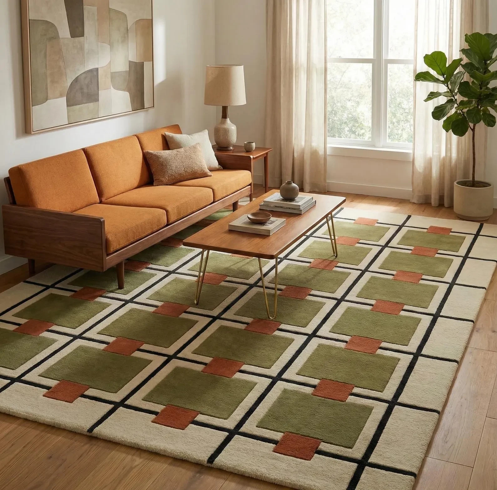 Hand Tufted Wool Rug Modern Geometric Grid Olive Green Rust Living Room Carpet