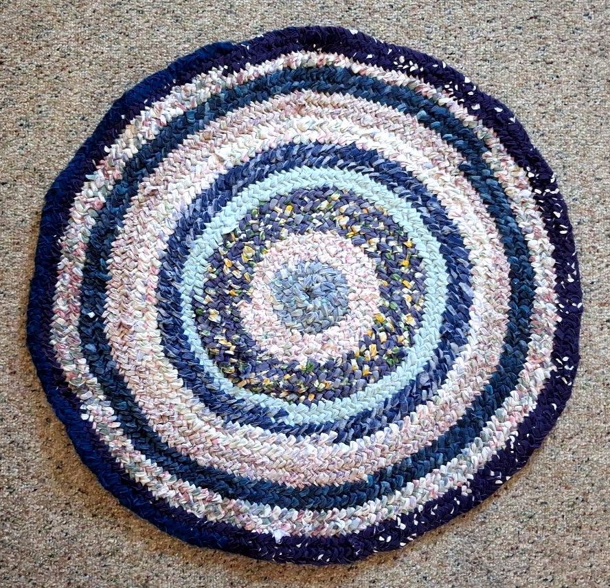 28″ Round ‘Bullseye’ Braided Rag Rug Handmade Blues & Purples Cottage Core