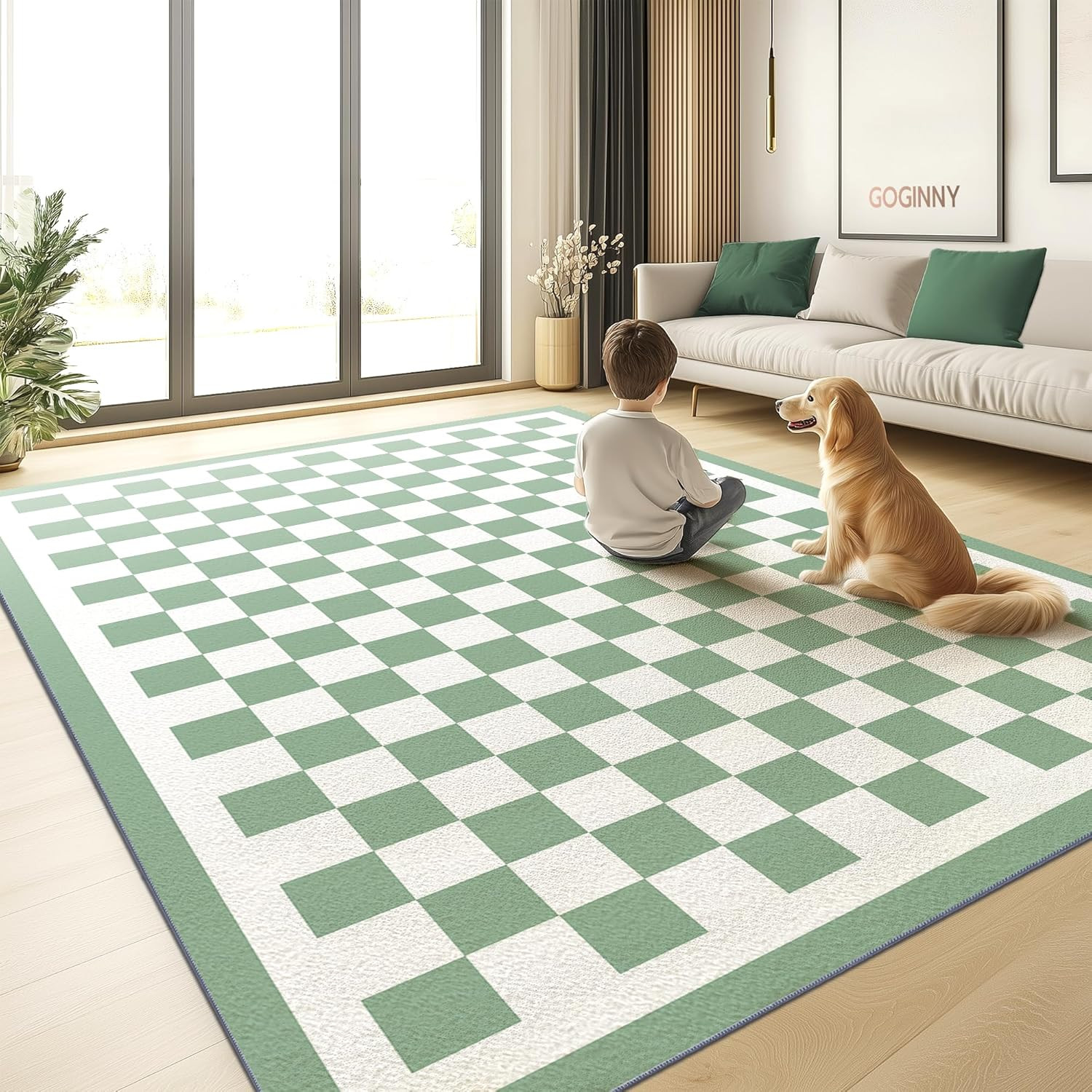 Sage Green Checkered 8×10 Area Rug – Modern Non-Slip Indoor Carpet