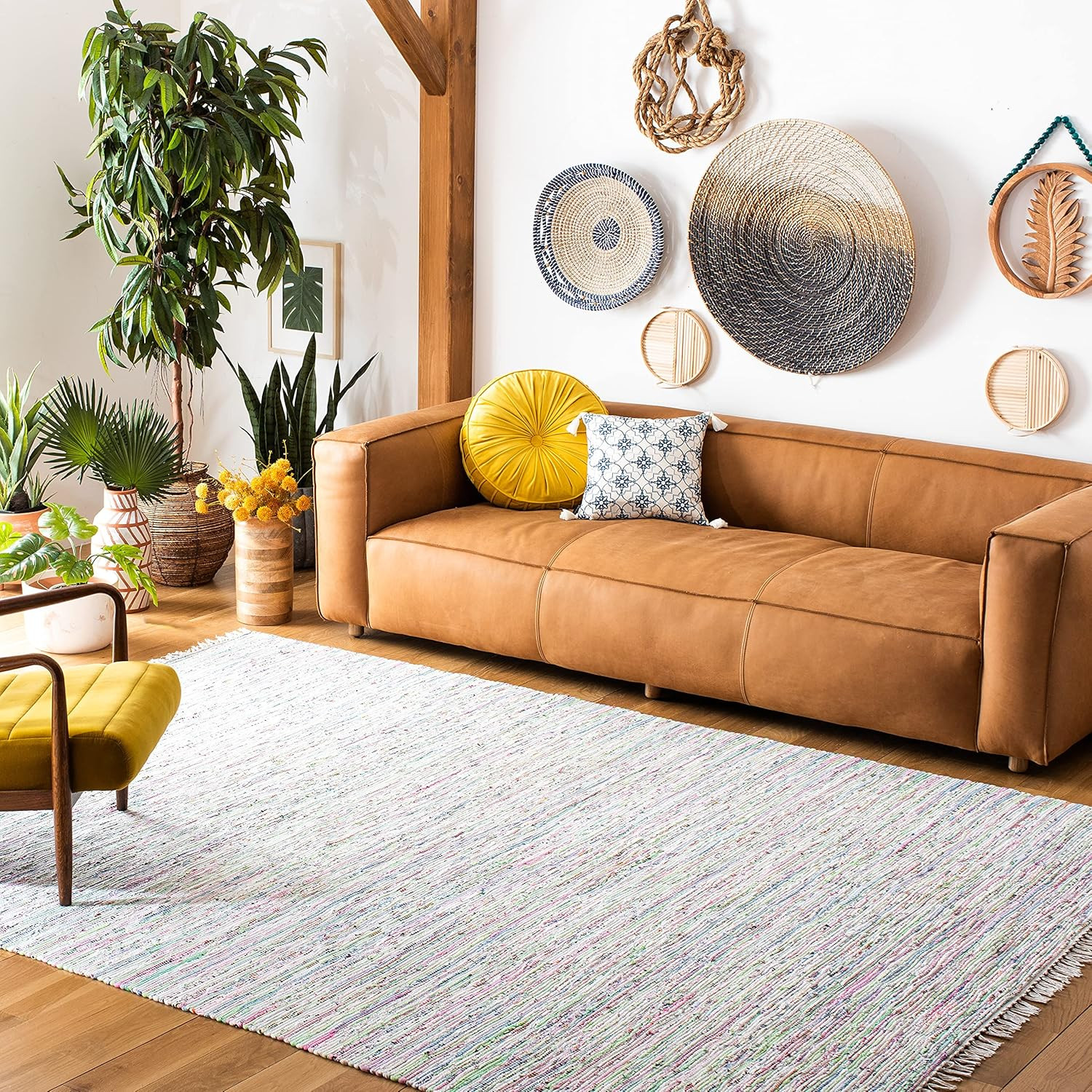 Handmade Boho Stripe Rag Rug – 9′ x 12′, Light Green, Perfect for High Traffic A